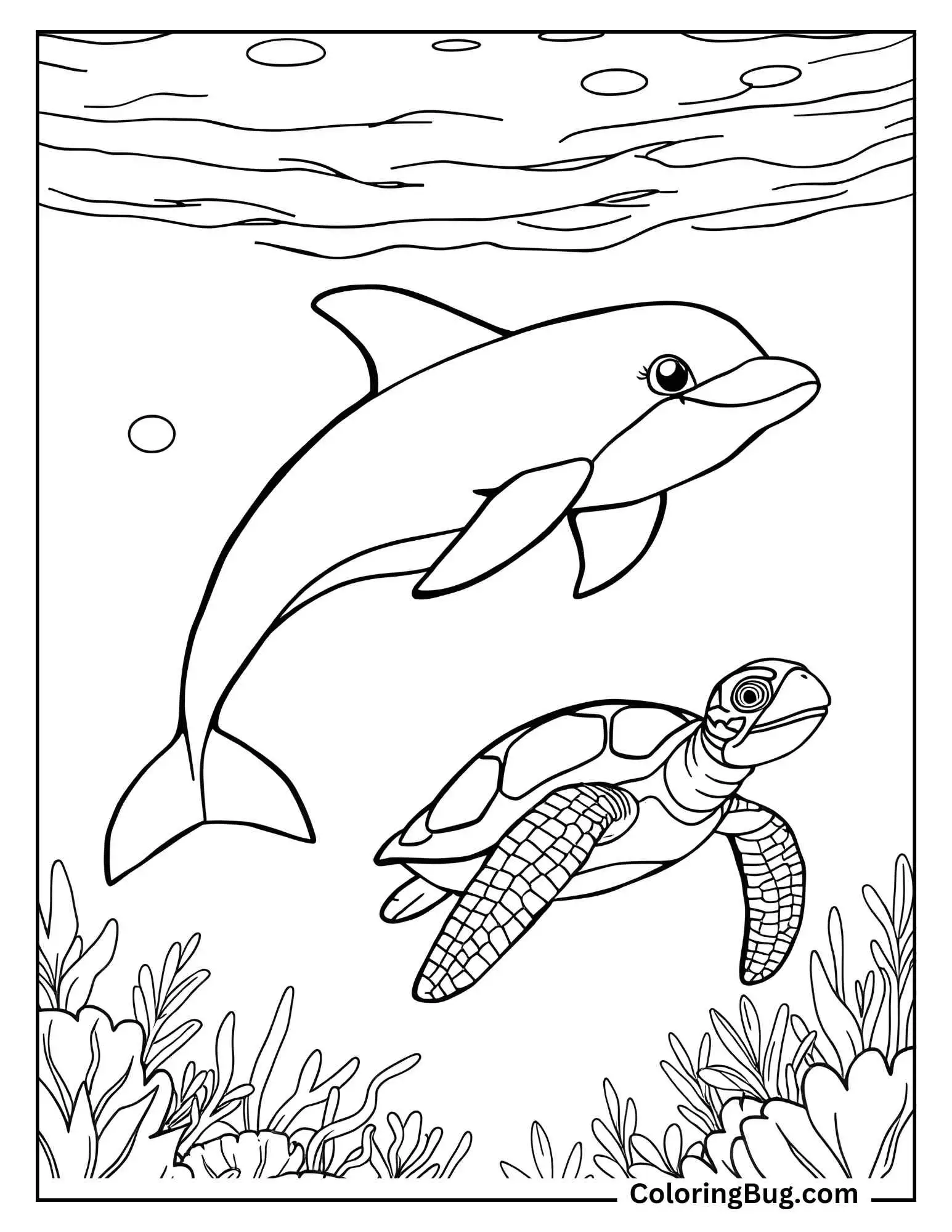 Dolphin and Turtle Swimming Together Coloring Sheet
