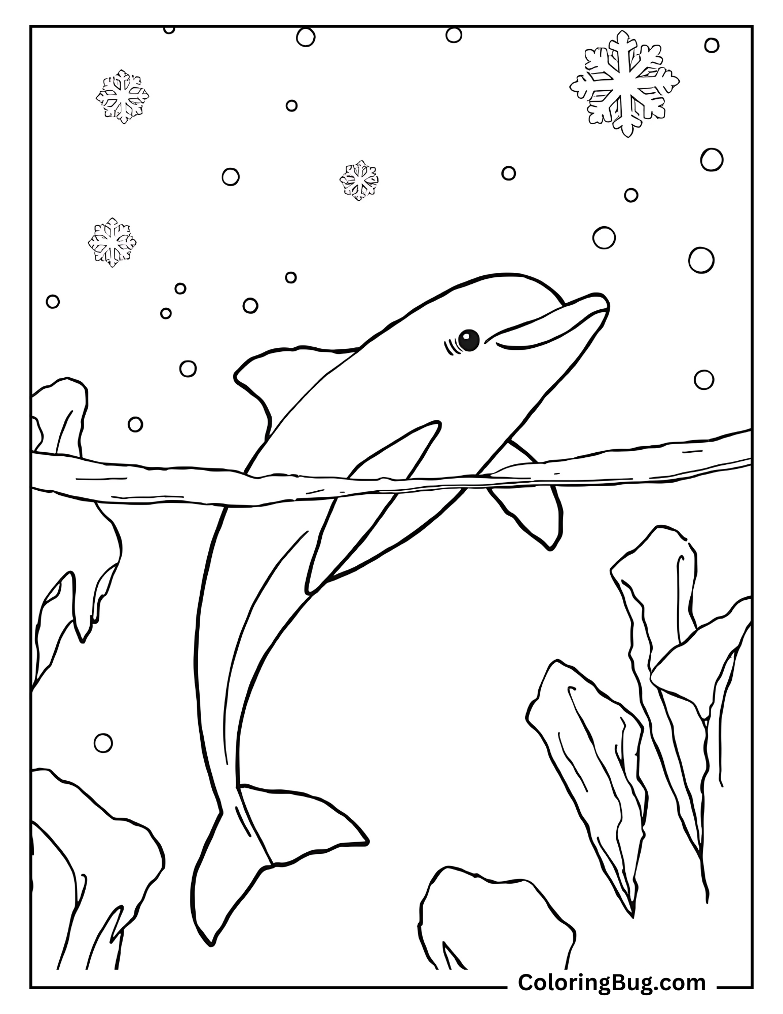 Dolphin in a Snowy Ocean Coloring Sheet