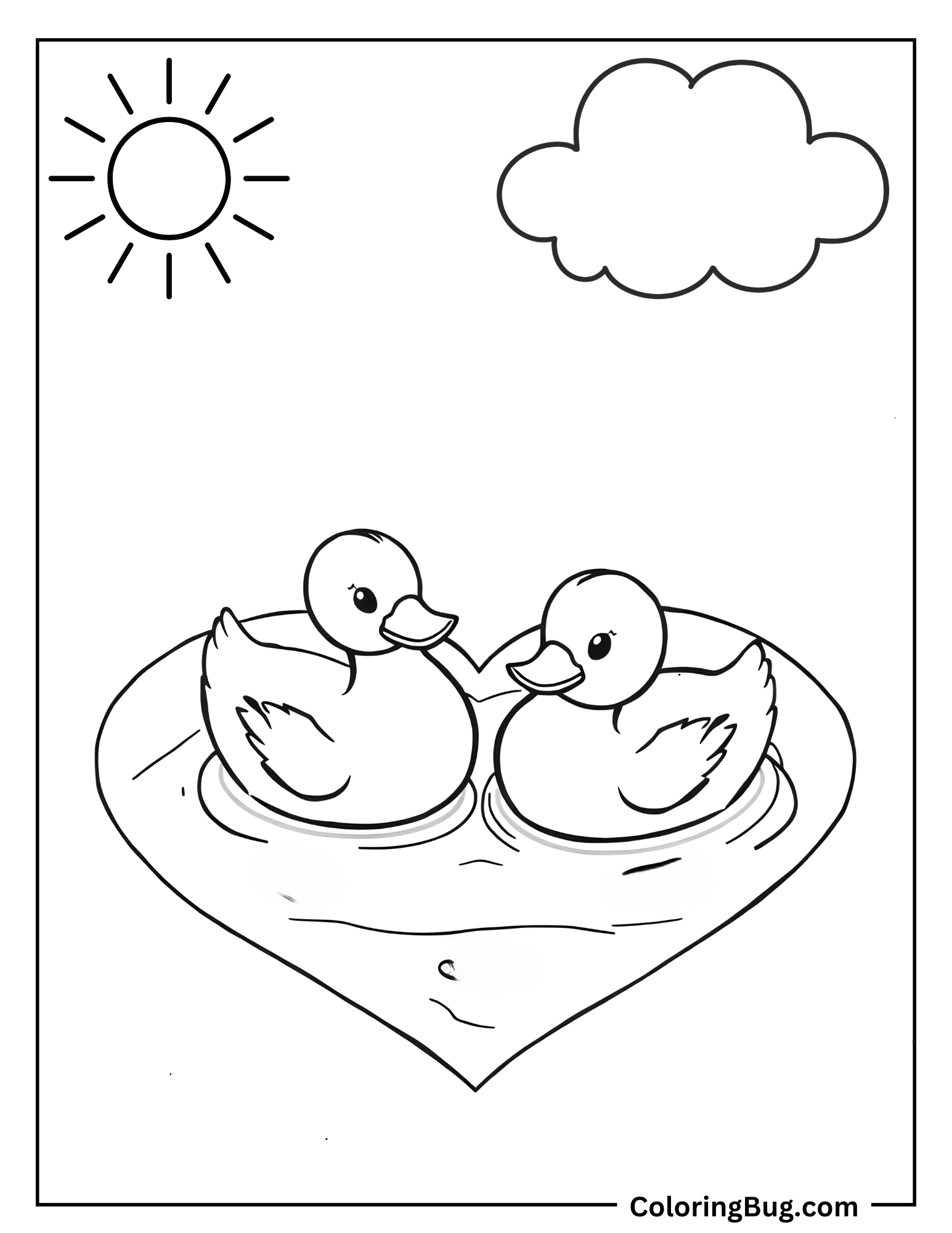 Ducks In Heart Shape Pond Coloring Sheet