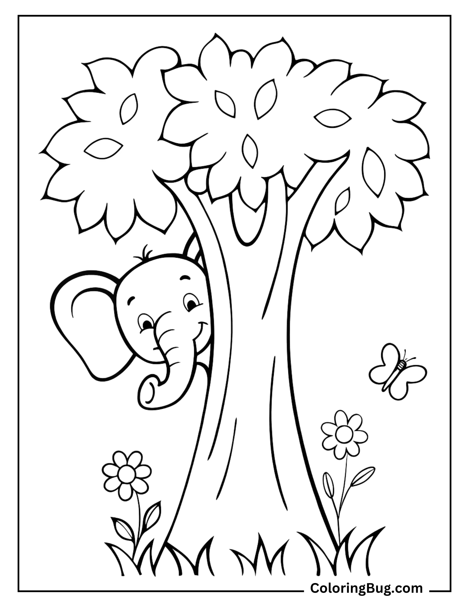 Elephant Playing Hide-and-Seek Behind Tree coloring sheet