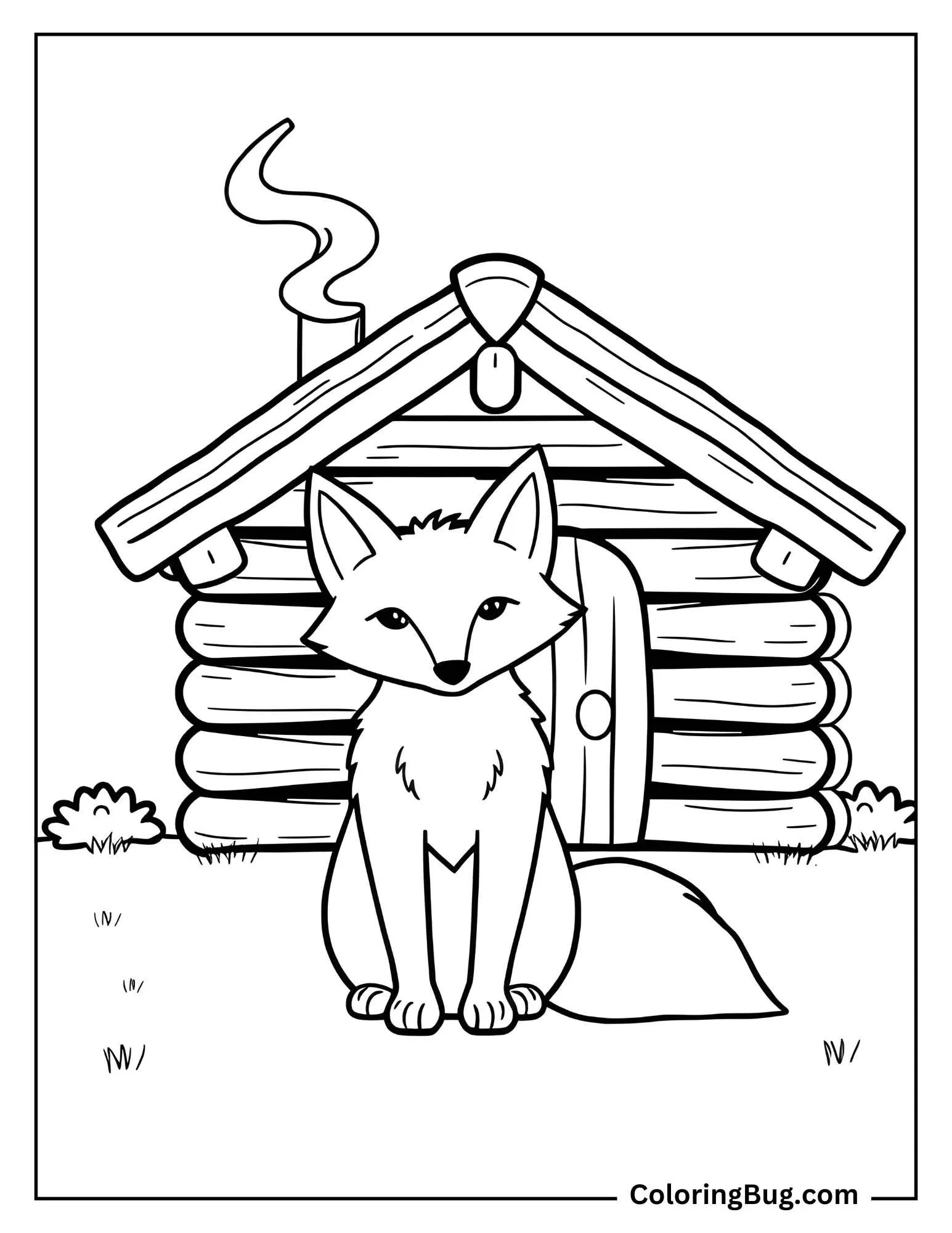 Fox Sitting in Front of a Log Cabin Coloring Sheet