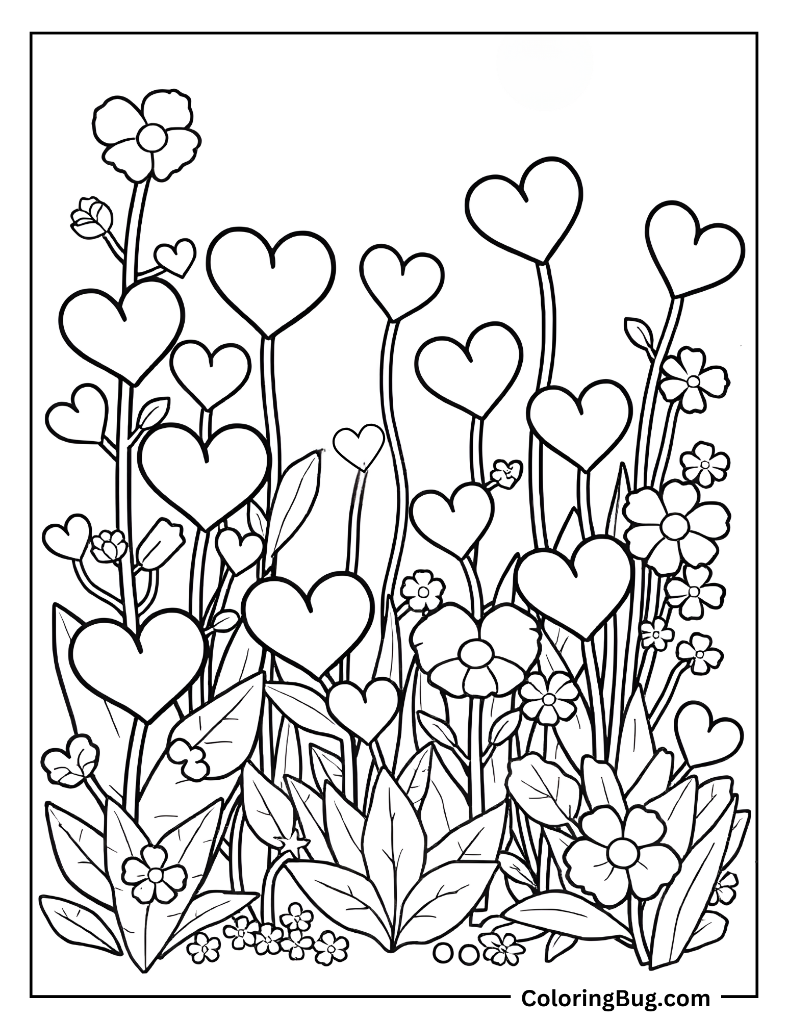 Garden Full Of Heart Shaped Flowers Coloring Sheet