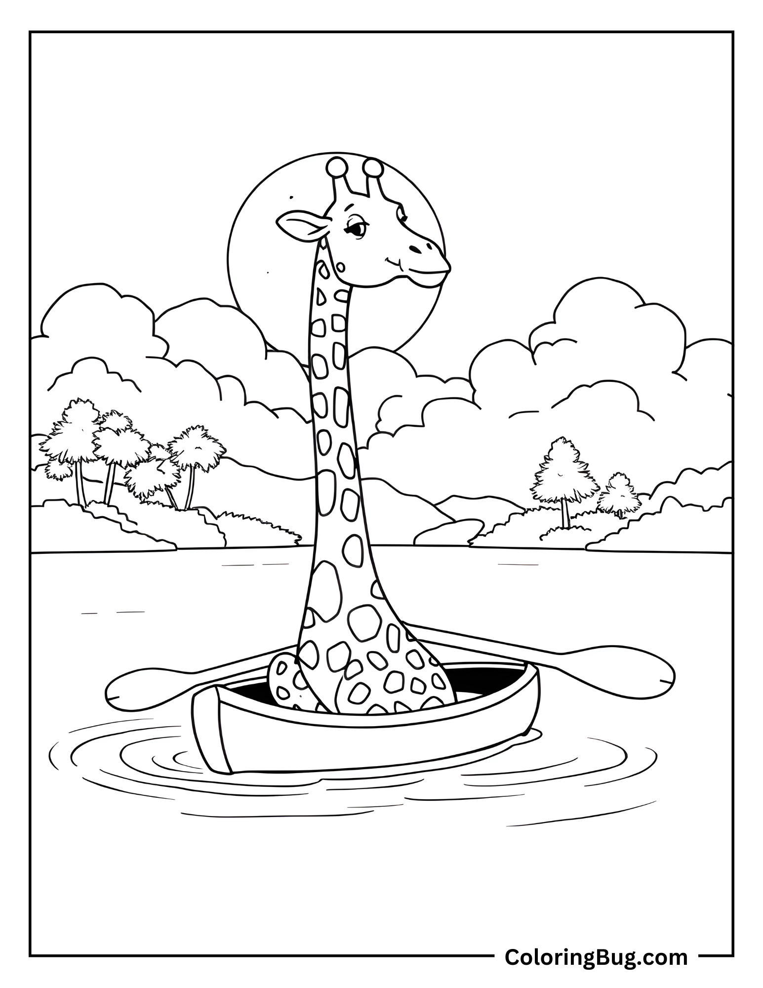 Giraffe Canoeing On Lake Coloring Sheet