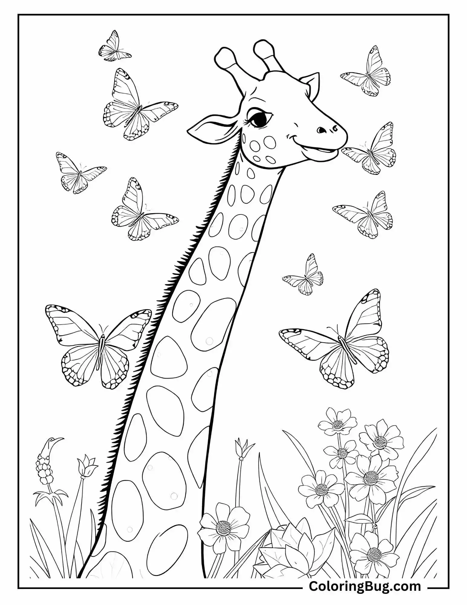 Giraffe Catching Butterflies Coloring Sheet