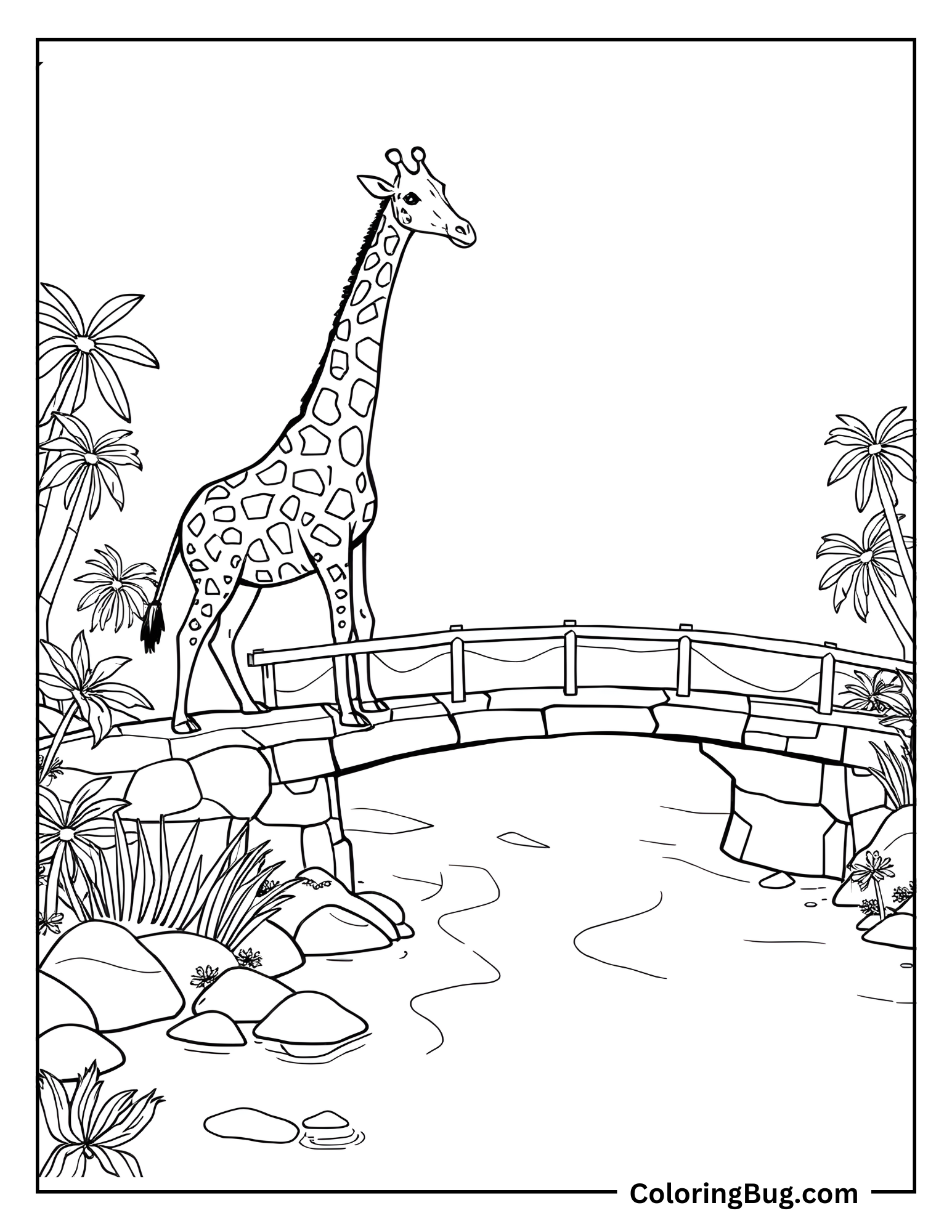 Giraffe Crossing Bridge Coloring Sheet