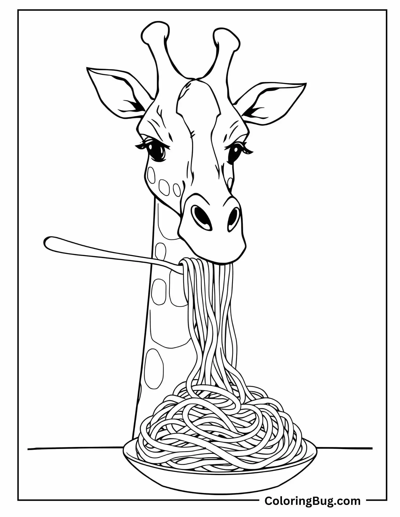 Giraffe Eating Spaghetti With Fork Coloring Sheet