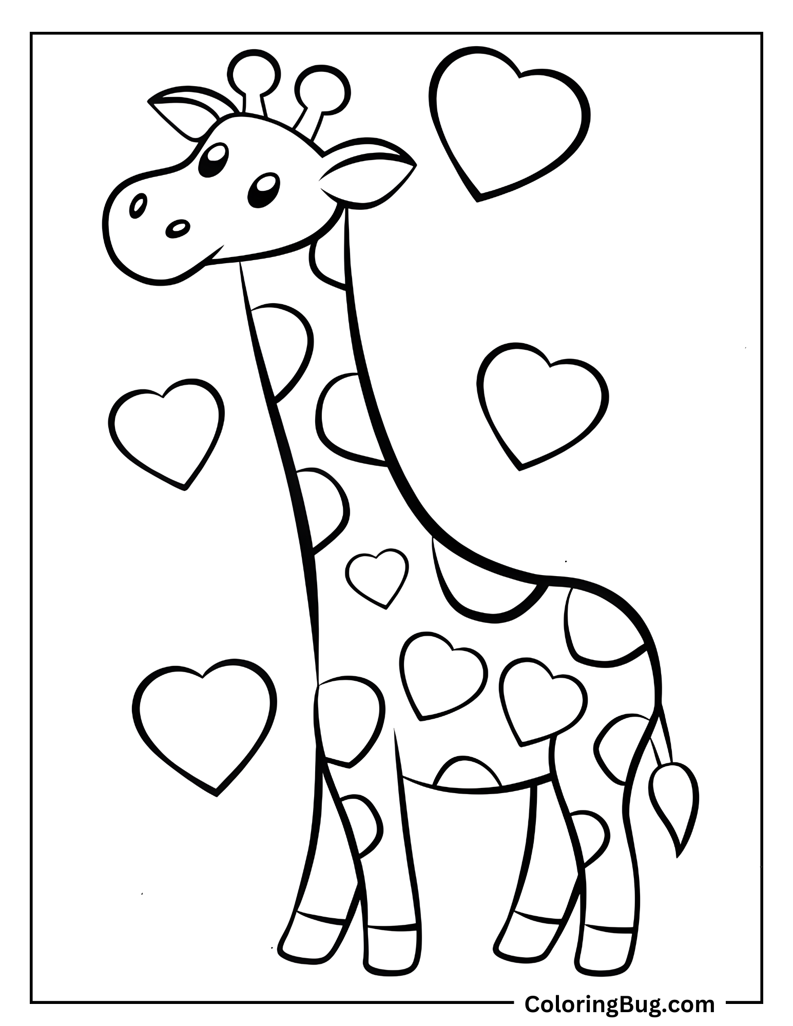 Giraffe Surrounded By Hearts Coloring Sheet 