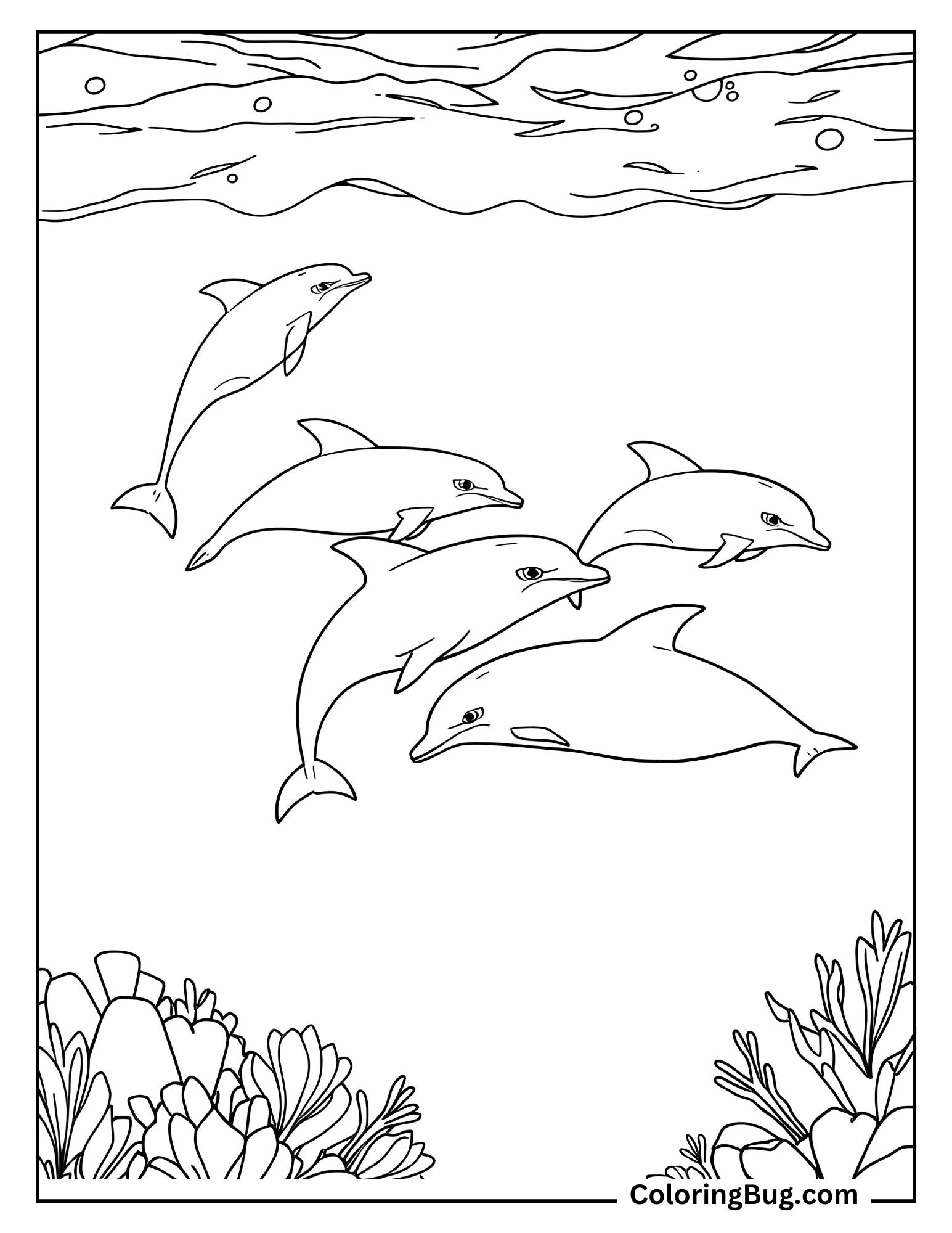Group of Dolphins Swimming Under Water Coloring Sheet