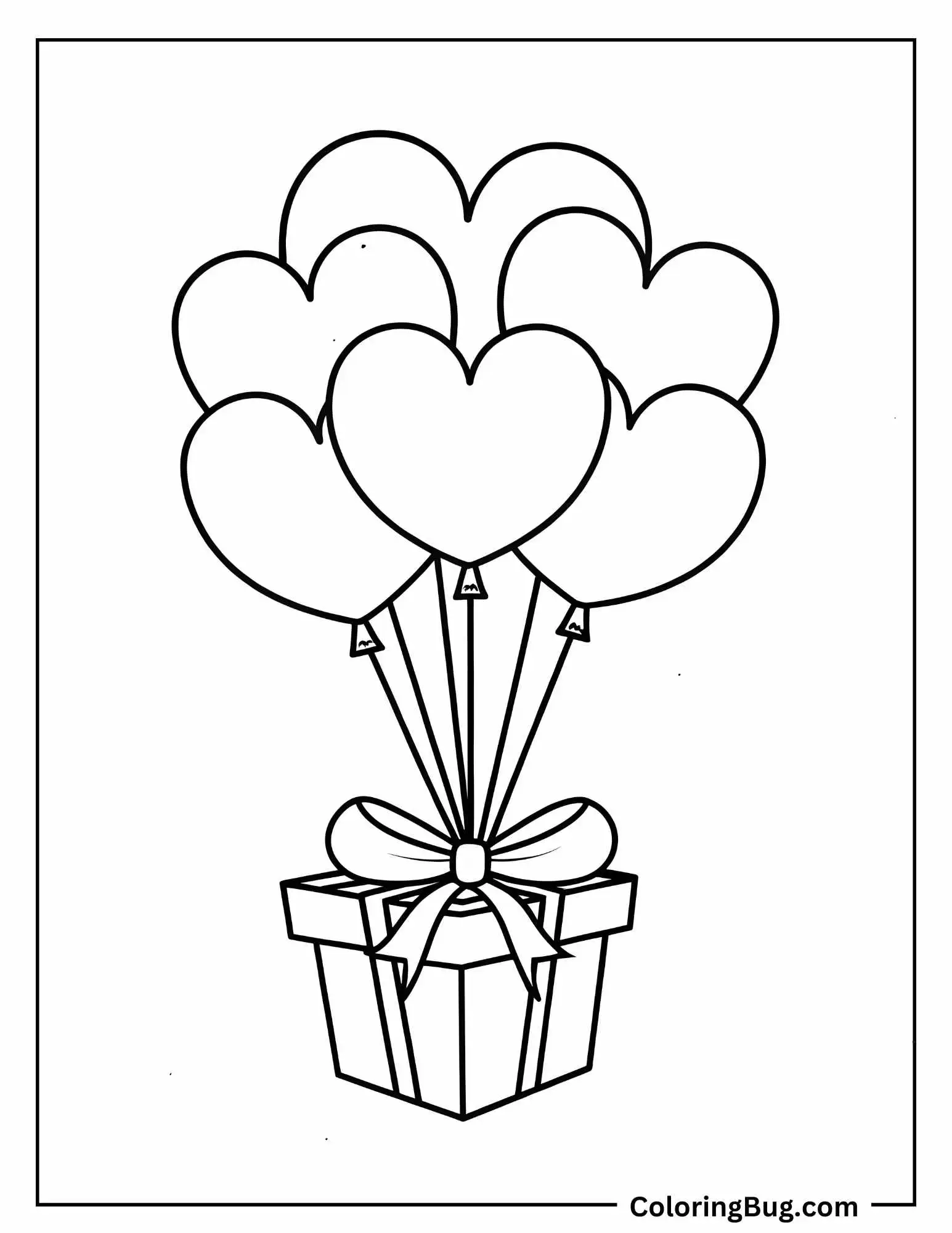 Heart Balloons Tied To Present Coloring Sheet