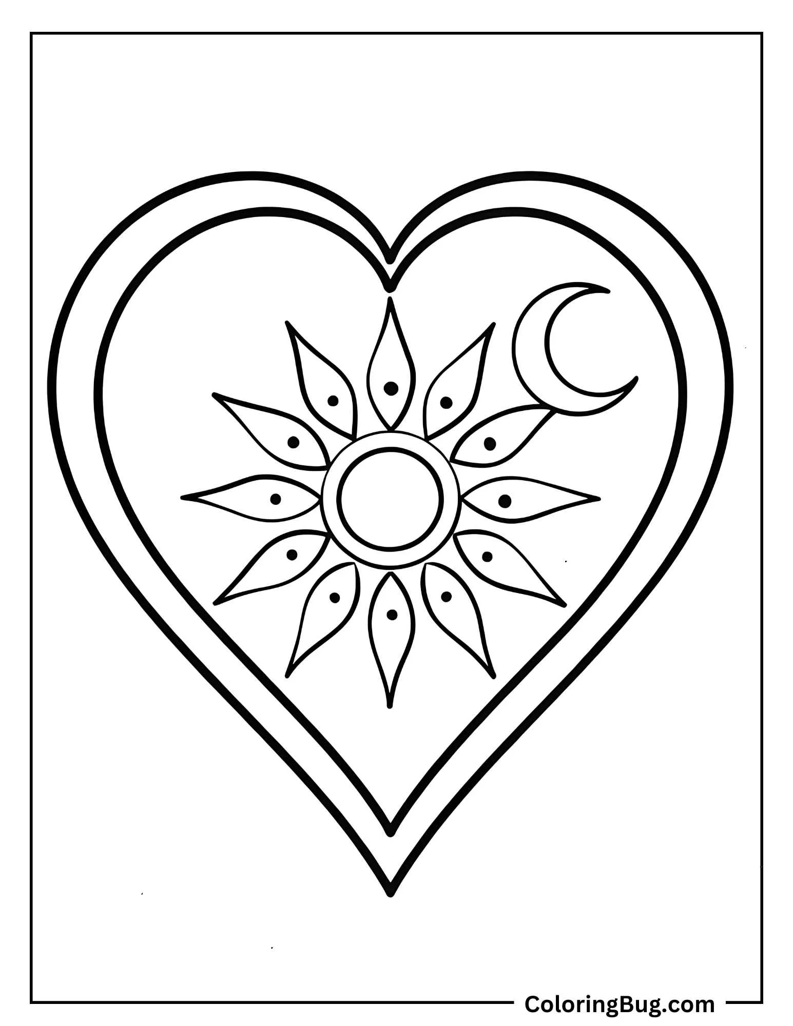 Heart With Sun And Moon Design Coloring Sheet