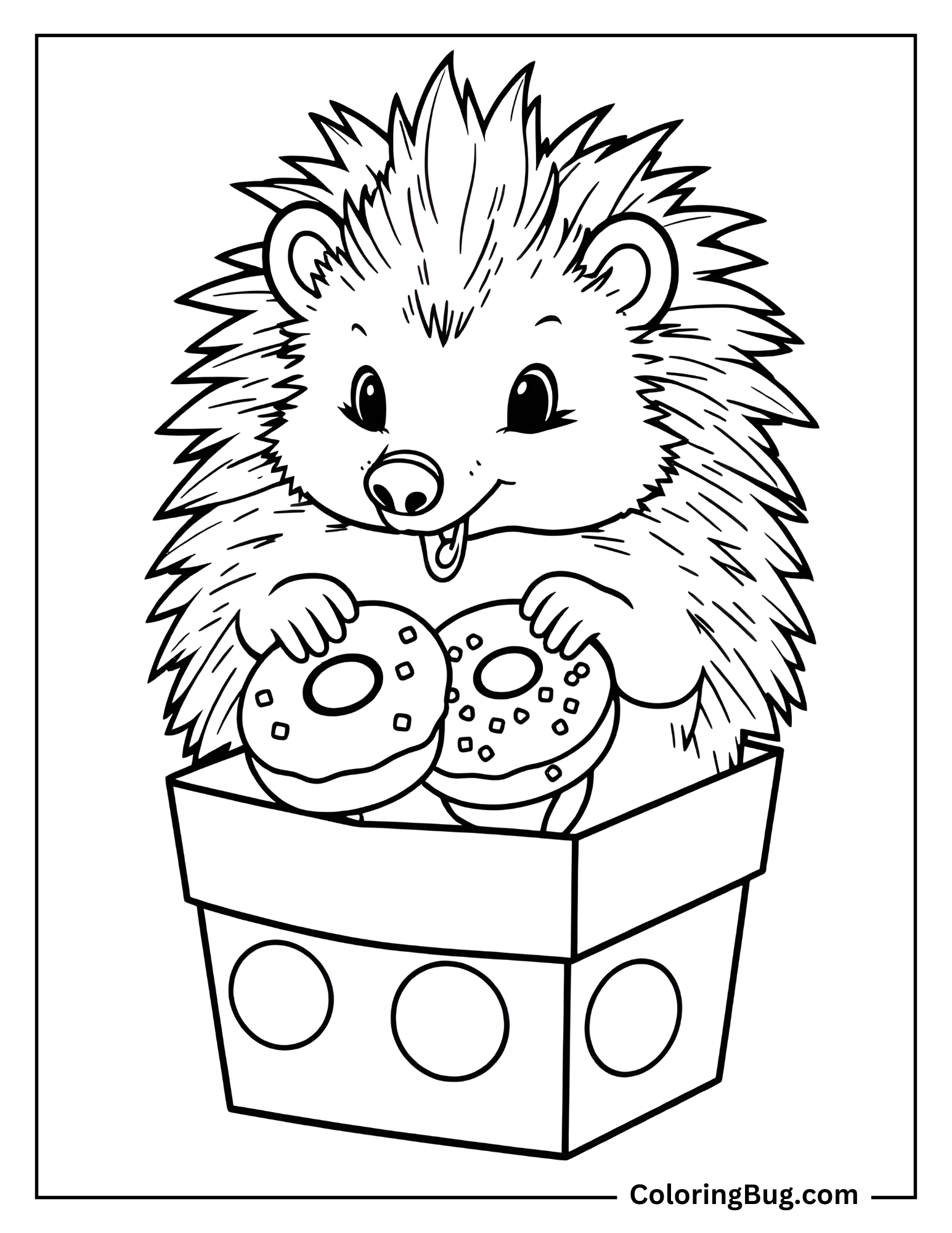 Hedgehog Eating Mini Donuts coloring Sheet