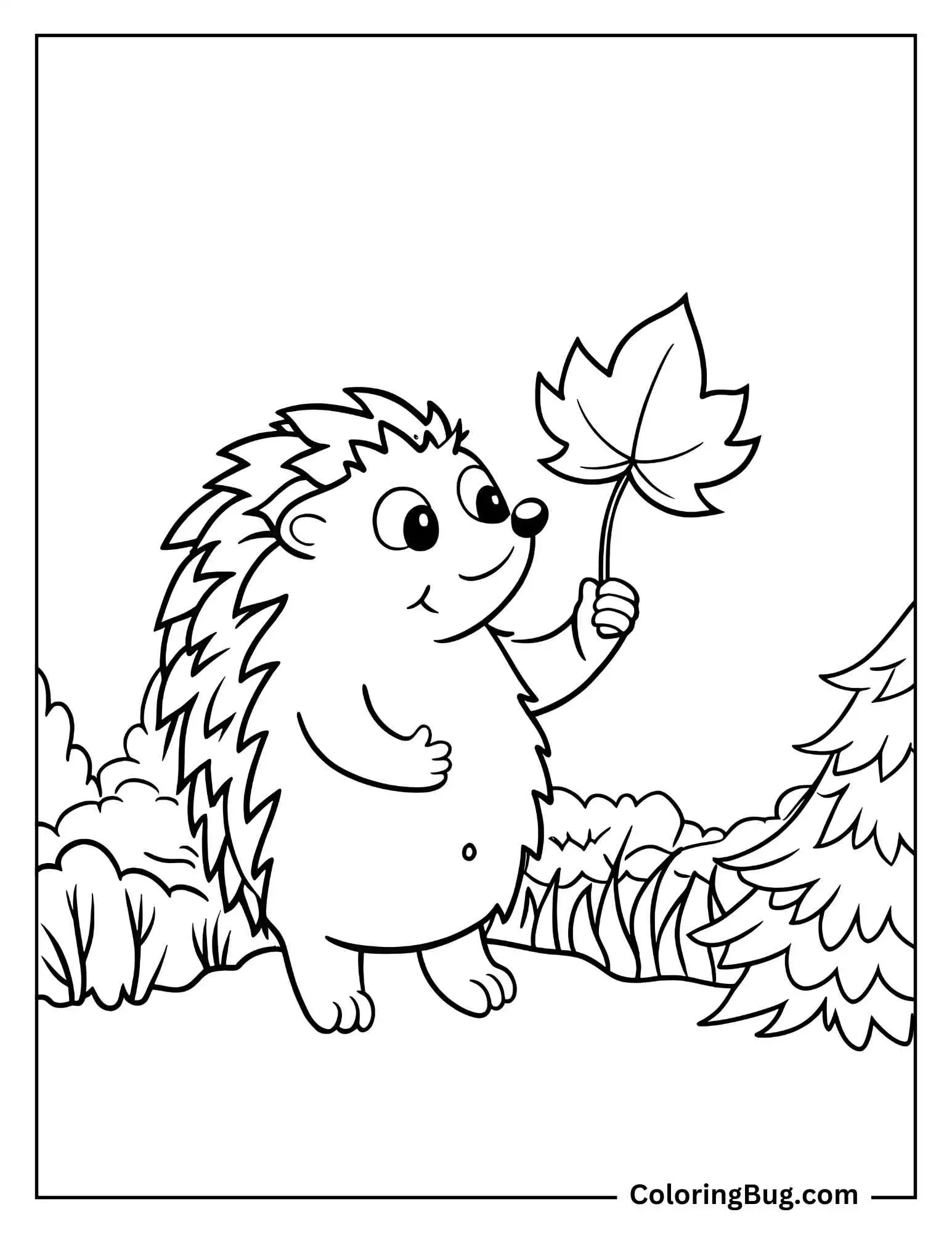 Hedgehog Holding Maple Leaf coloring Sheet