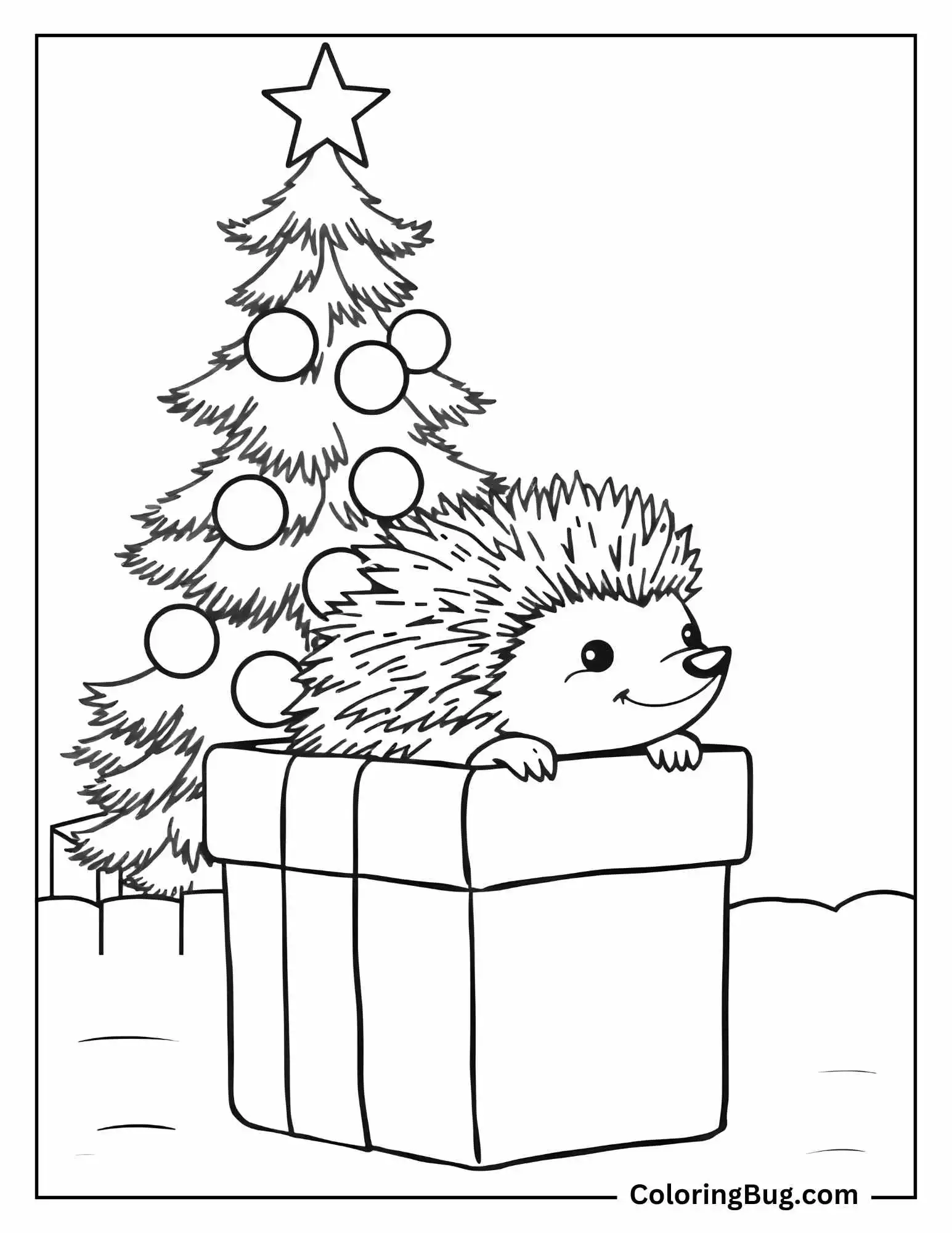 Hedgehog Peeking Out From Gift Box coloring Sheet