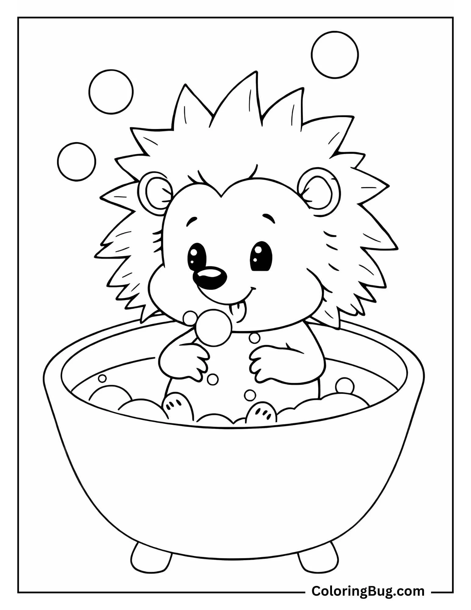 Hedgehog Taking Bath coloring Sheet