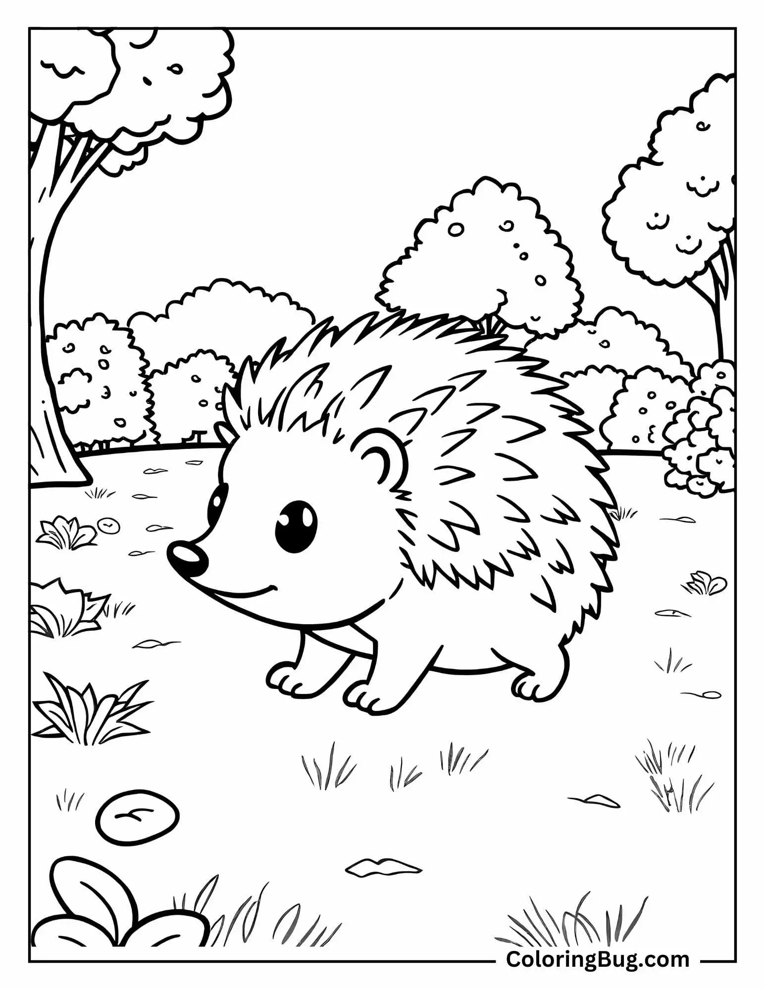 Hedgehog Walking Through Park coloring Sheet