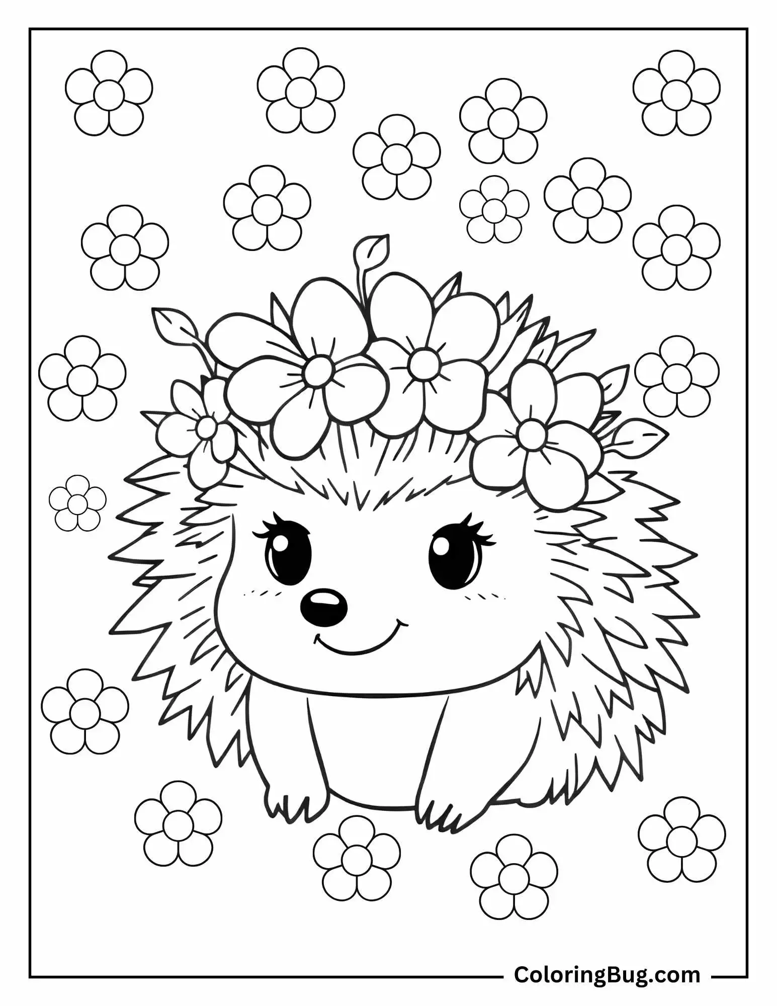 Hedgehog With Flowers coloring Sheet