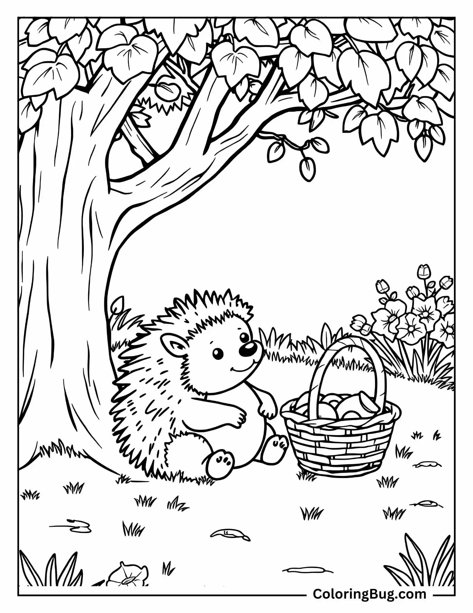 Hedgehog With Picnic Basket coloring Sheet