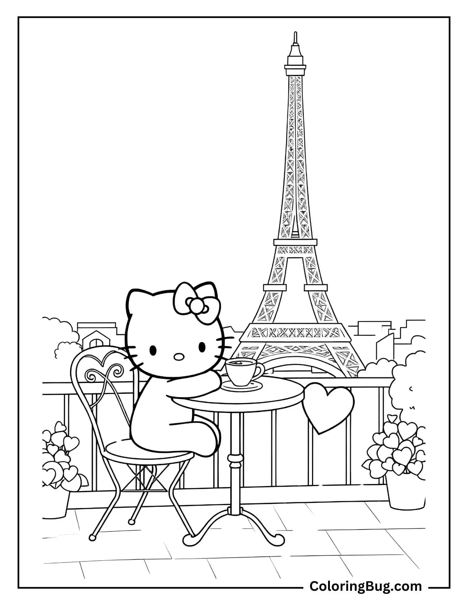 Hello Kitty Eiffel Tower Valentines Coffee Coloring Page