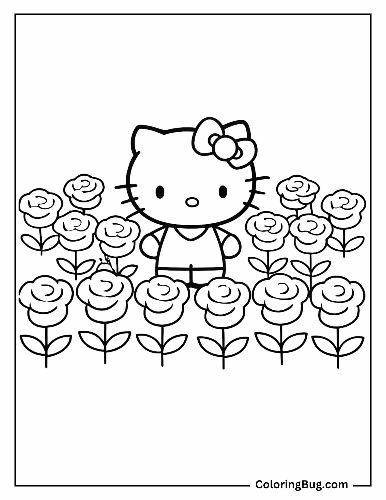 Hello Kitty Field of Roses Coloring Page
