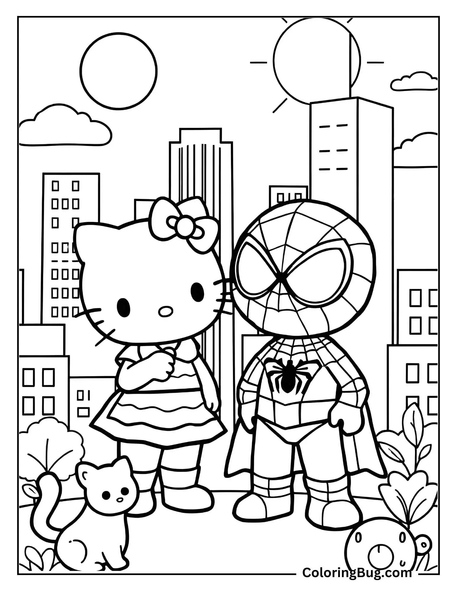 coloring page features two playful cartoon-style characters standing together in a cityscape. On the left is a character resembling a cat with a bow on its head, wearing a dress. To the right is a character styled like a superhero in a suit with a spider emblem, resembling Spider-Man. They are surrounded by urban details such as tall buildings, bushes, and a sunny sky with clouds. A small cat and a bird are sitting nearby, adding charm to the scene. The page is outlined for easy coloring, making it engaging for kids.