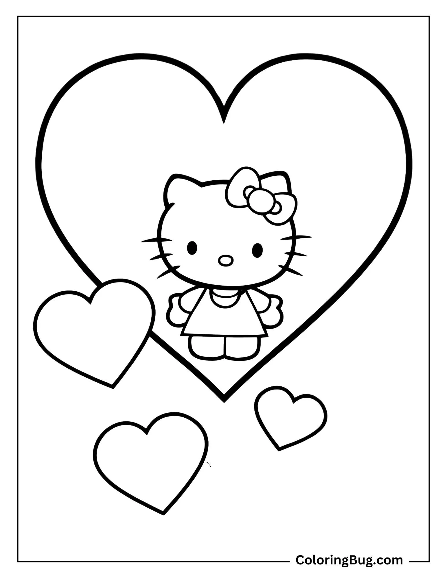 Hello Kitty With Hearts Background Coloring Page