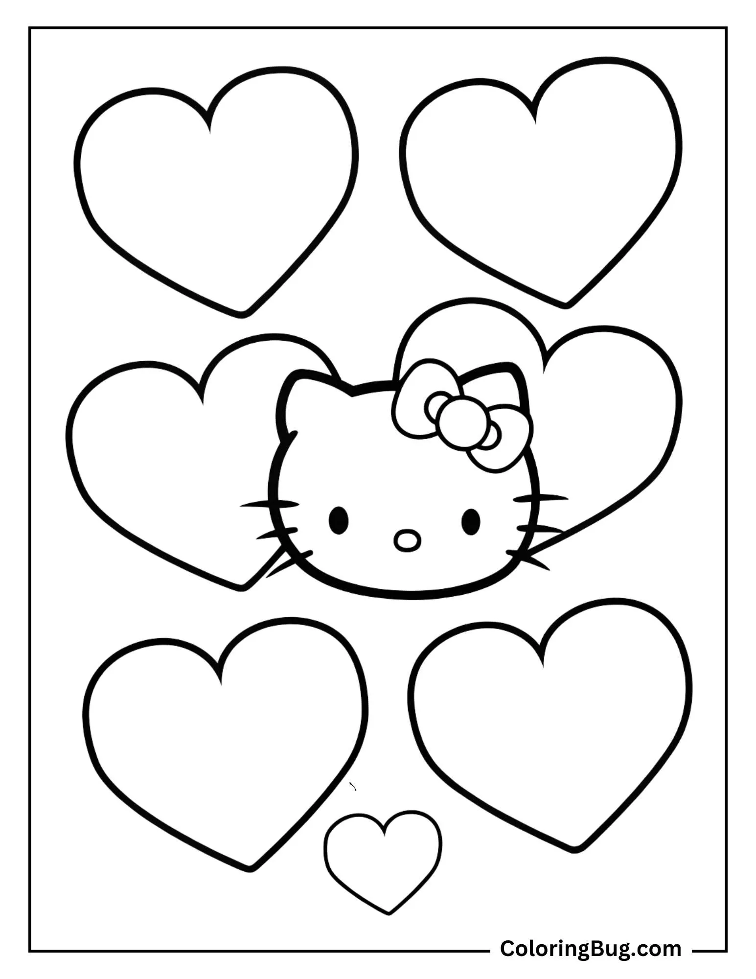 Hello Kitty With Hearts Background Coloring Page