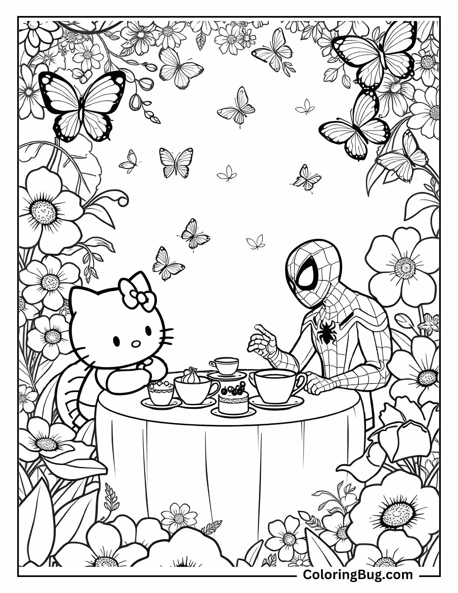 coloring page showcases a delightful tea party scene featuring Hello Kitty and Spider-Man. They are seated at a beautifully set table with teacups, a teapot, and an assortment of treats like cakes and cookies. The scene is surrounded by an enchanting garden filled with blooming flowers and fluttering butterflies, creating a whimsical and serene atmosphere. Hello Kitty sits with a curious expression, while Spider-Man appears to be enjoying the peaceful moment.