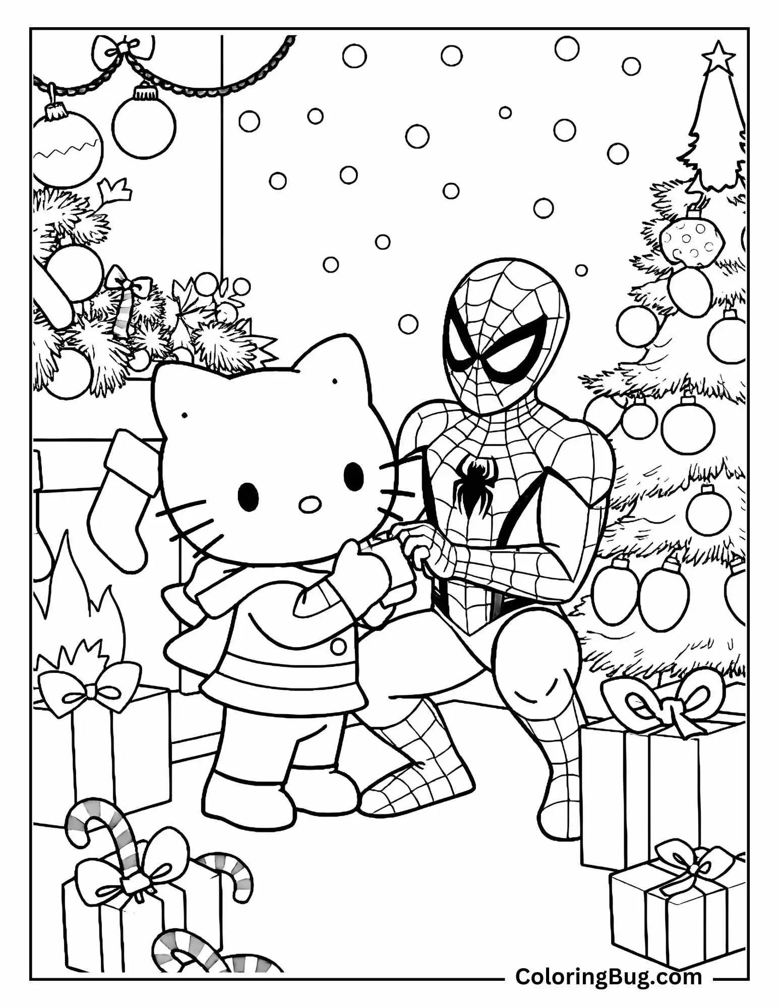 his coloring page features Hello Kitty and Spider-Man enjoying a cozy Christmas scene together. Hello Kitty is dressed in a festive winter outfit, and Spider-Man is kneeling beside her, sharing a sweet moment. The background is filled with holiday cheer, including decorated Christmas trees, stockings by the fireplace, wrapped presents, ornaments, and candy canes. Snowflakes are softly falling, completing the festive atmosphere. This adorable combination of characters and holiday elements makes it perfect for a fun and heartwarming coloring activity!
