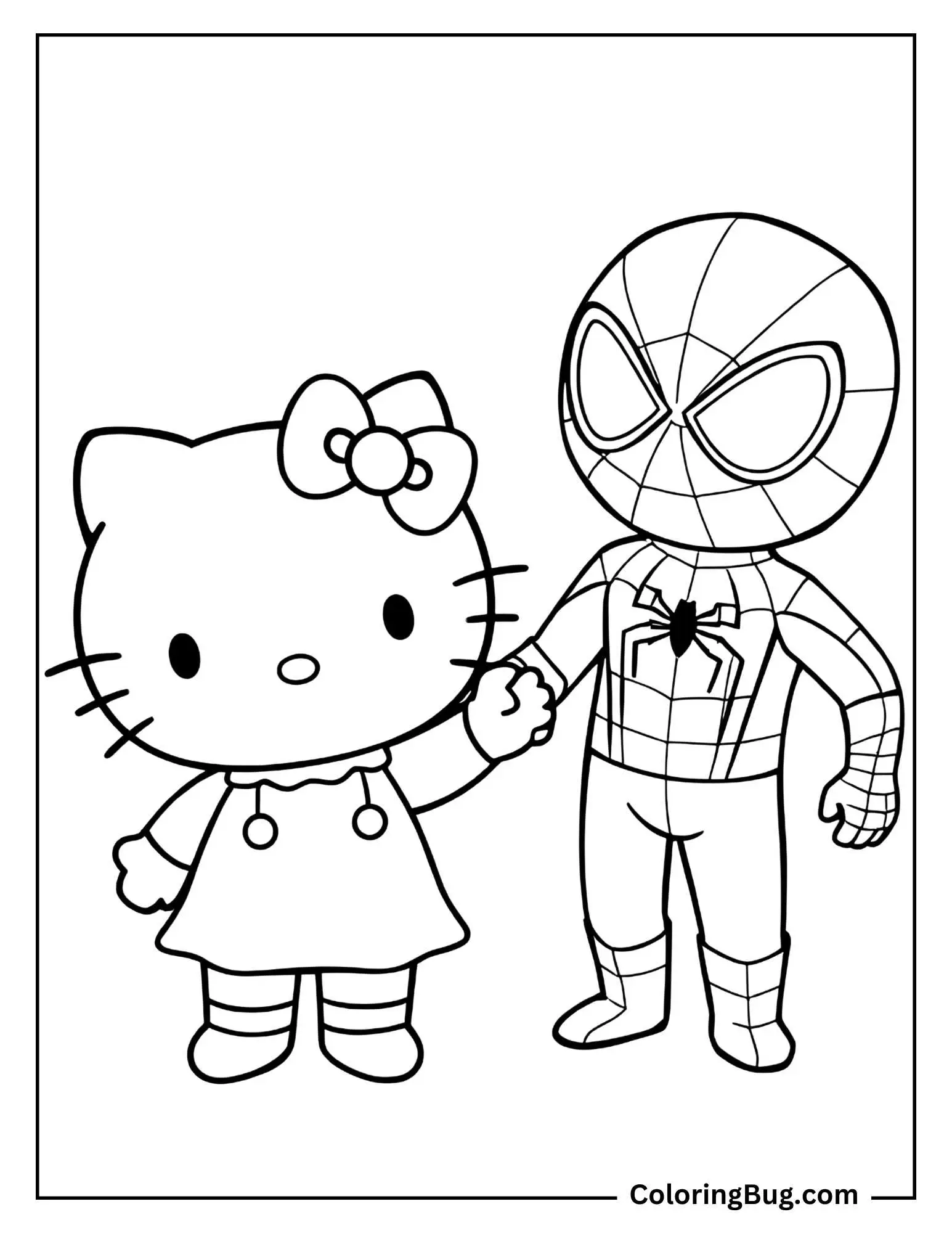 coloring page features a simple and sweet illustration of two iconic cartoon-style characters holding hands. The cat character with a bow and a cute dress stands beside the superhero figure in a spider-themed suit. The characters are the central focus of the page, with no additional background elements, making it perfect for coloring enthusiasts who enjoy bold, straightforward designs. This page invites creativity with bright colors for the characters and allows room for personalized embellishments.