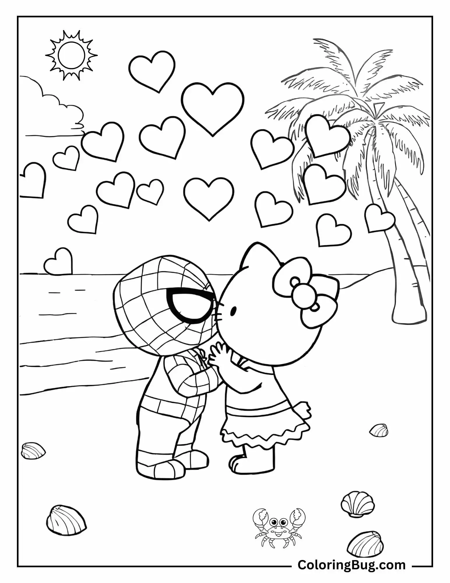 coloring page captures a romantic and whimsical beach scene. The cartoon-style characters—a cat with a bow and a superhero in a spider-themed suit—stand close together, sharing a sweet moment. The setting includes a sandy beach with seashells, a calm ocean, and palm trees swaying gently in the background. The sky is filled with floating hearts, adding a touch of love and fantasy to the image. A small crab peeks out playfully near the bottom of the page. This charming page is perfect for coloring with a tropical and romantic theme!