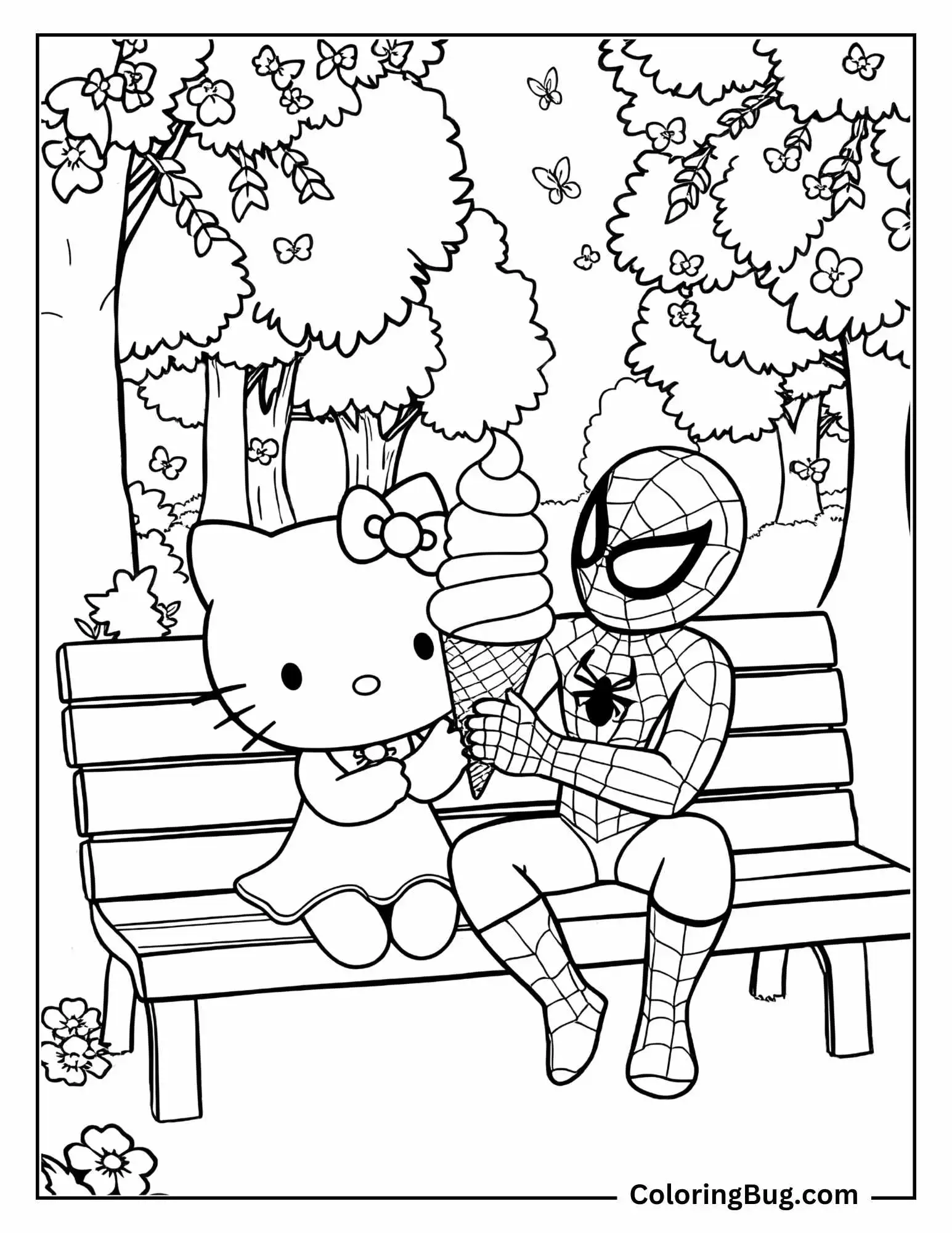 coloring page shows a sweet and whimsical moment between two beloved cartoon-style characters. They are sitting together on a park bench under a canopy of flowering trees. The character resembling a cat with a bow, dressed in a cute outfit, looks delighted as the superhero figure, in a spider-emblazoned suit, holds a large swirled ice cream cone. Butterflies flutter around the scene, and the lush background of trees and flowers creates a cheerful, playful atmosphere. This page is perfect for anyone who loves coloring cute and imaginative scenes!