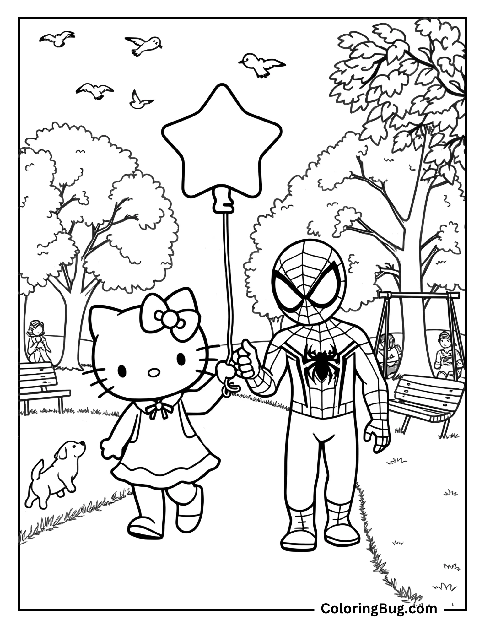 coloring page depicts a delightful park scene featuring two cartoon-style characters walking together. The character resembling a cat with a bow and a dress holds hands with the superhero figure in a spider-themed suit. The superhero carries a star-shaped balloon, adding a playful touch. The background is lively, with trees, birds flying in the sky, and people enjoying the park in the distance. A dog frolics nearby, and a swing set is visible, creating a fun, outdoor atmosphere. This page offers a charming and detailed setting for creative coloring!