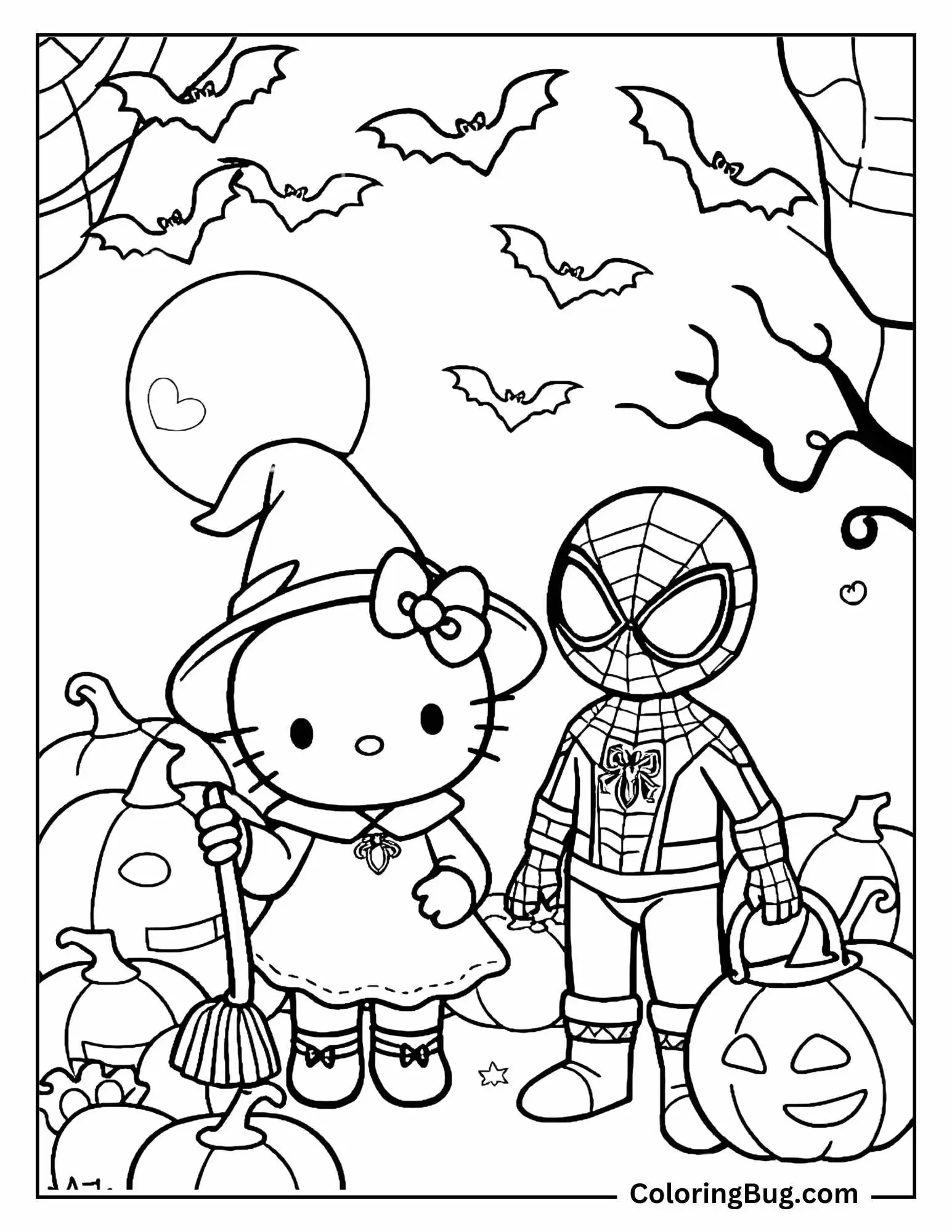 This coloring page brings Halloween fun to life with Hello Kitty and Spider-Man dressed up and ready to celebrate! Hello Kitty is dressed as a witch, complete with a pointy hat and a broomstick, while Spider-Man holds a jack-o'-lantern candy bucket, ready for some trick-or-treating. The background is filled with spooky bats flying under a full moon, a twisted tree, and pumpkins scattered around the scene.