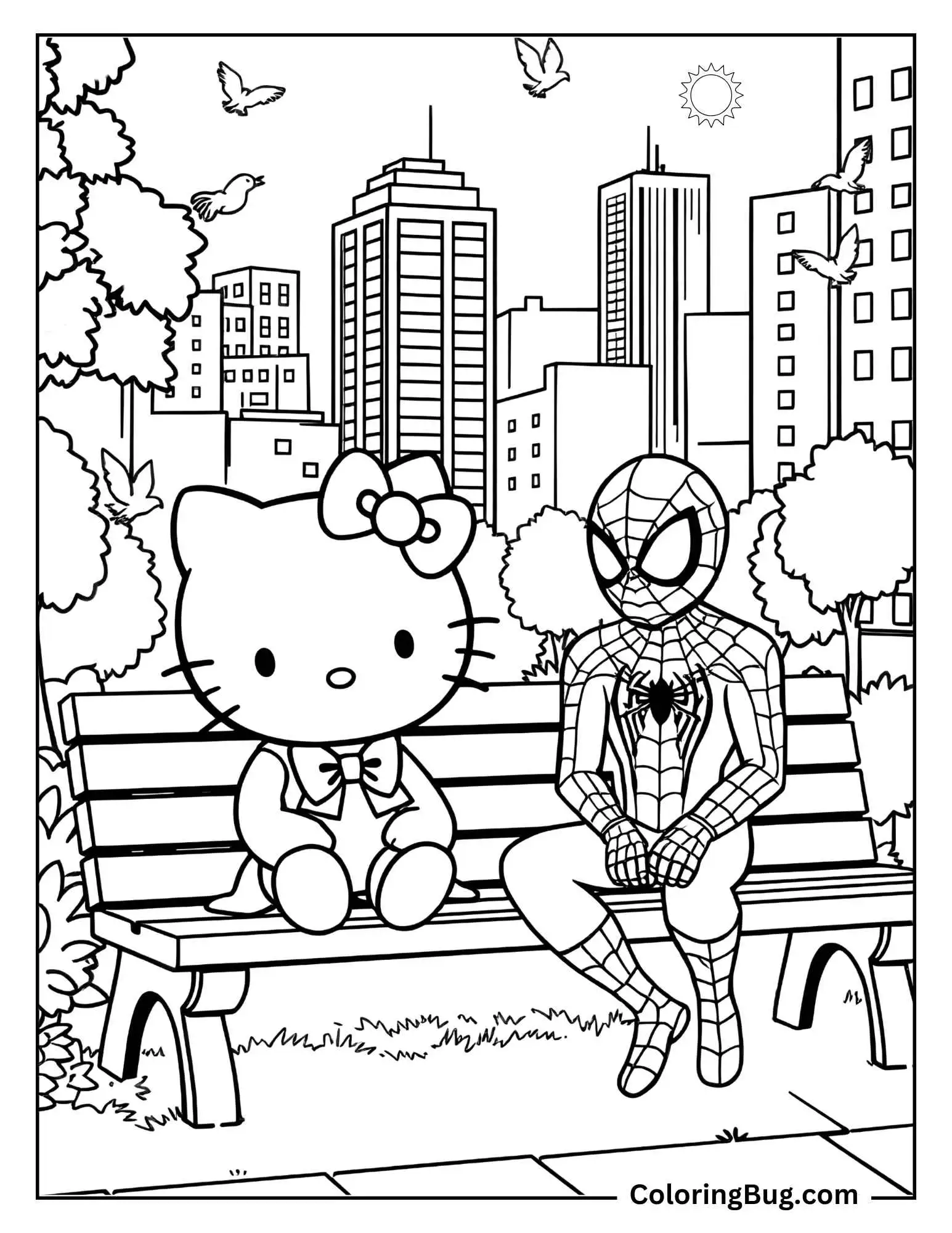 coloring page portrays a charming scene of two iconic cartoon-style characters sitting on a park bench. On the left is a cat-like character with a bow on its head, wearing a dress with a bow tie. On the right is a superhero figure wearing a spider emblem suit, resembling Spider-Man. They are in a lush park setting, surrounded by trees, bushes, and distant city skyscrapers. Birds are flying in the sky, and the sun shines brightly, creating a peaceful atmosphere. This delightful page offers plenty of details for creative coloring.
