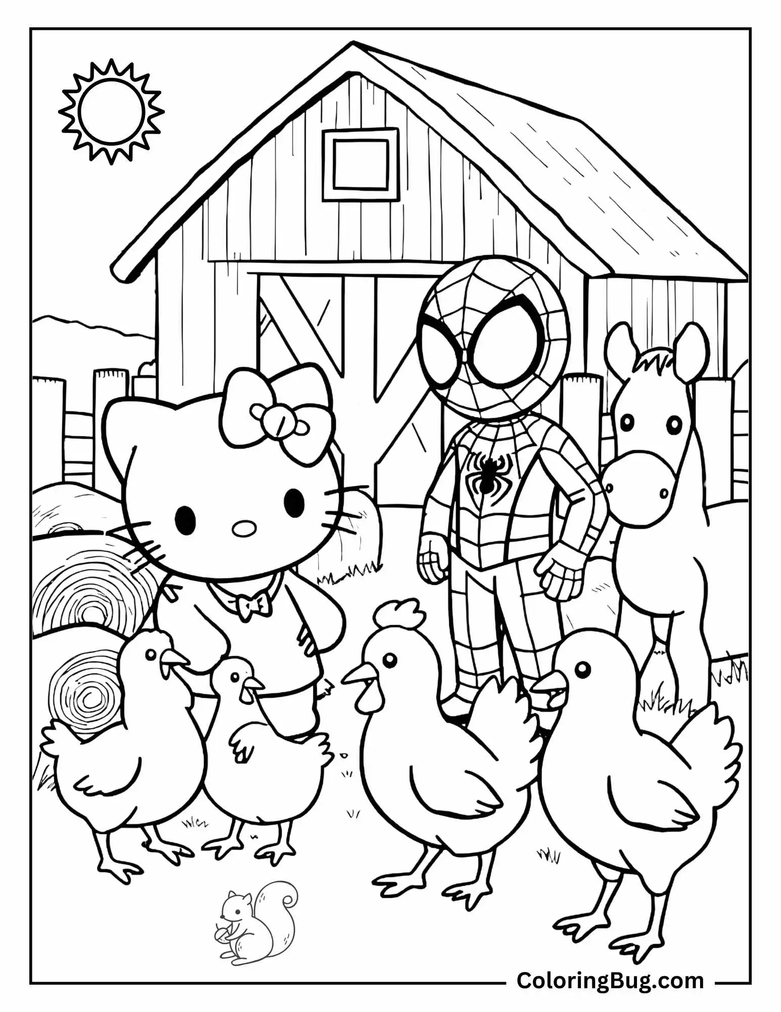 coloring page features Hello Kitty and Spider-Man spending a fun day on a farm! They stand in front of a classic barn, surrounded by farm animals like chickens and a friendly horse. Hay bales and a wooden fence add to the rustic charm of the scene, while a curious little squirrel holding an acorn sits nearby. The sun shines brightly overhead, creating a cheerful countryside vibe.