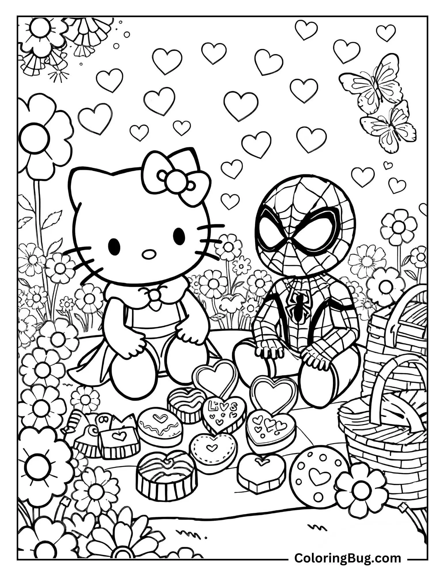 coloring page shows Hello Kitty and Spider-Man enjoying a romantic picnic date in a beautiful garden. The blanket is adorned with heart-shaped treats and chocolates, with a picnic basket to the side. Surrounding them are blooming flowers and fluttering butterflies, creating a whimsical and serene atmosphere. The background is filled with floating hearts, emphasizing the love-filled theme of the scene.