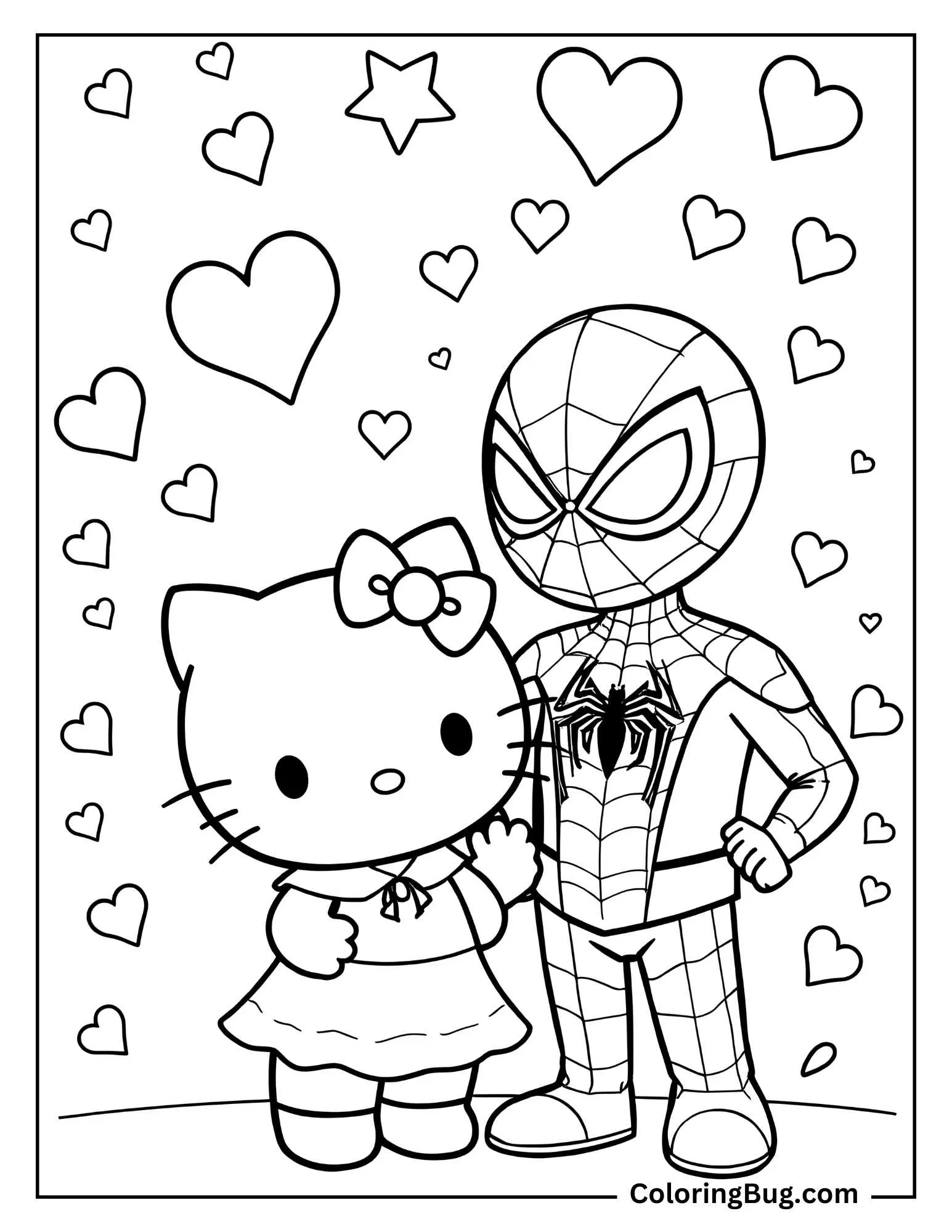 coloring page features a sweet and heartwarming scene of Hello Kitty and Spider-Man standing together, surrounded by floating hearts and stars. Hello Kitty looks shy yet affectionate, holding onto Spider-Man's arm, while Spider-Man stands confidently with his hands on his hips. The background emphasizes love and admiration, with hearts of various sizes creating a romantic and whimsical vibe.