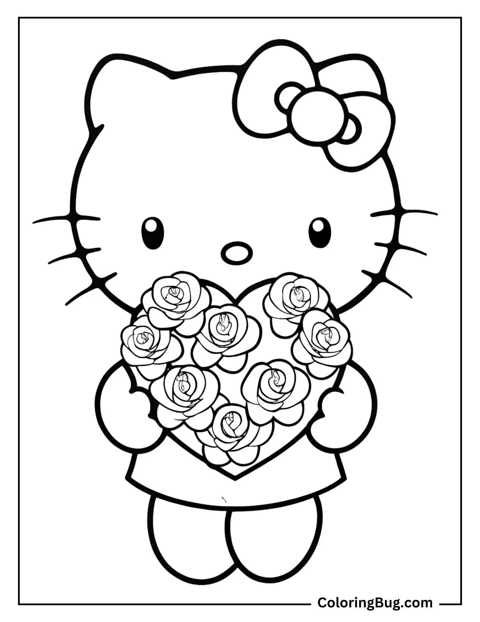 Hello Kitty with Heart Shaped Rose Bouquet Coloring Page