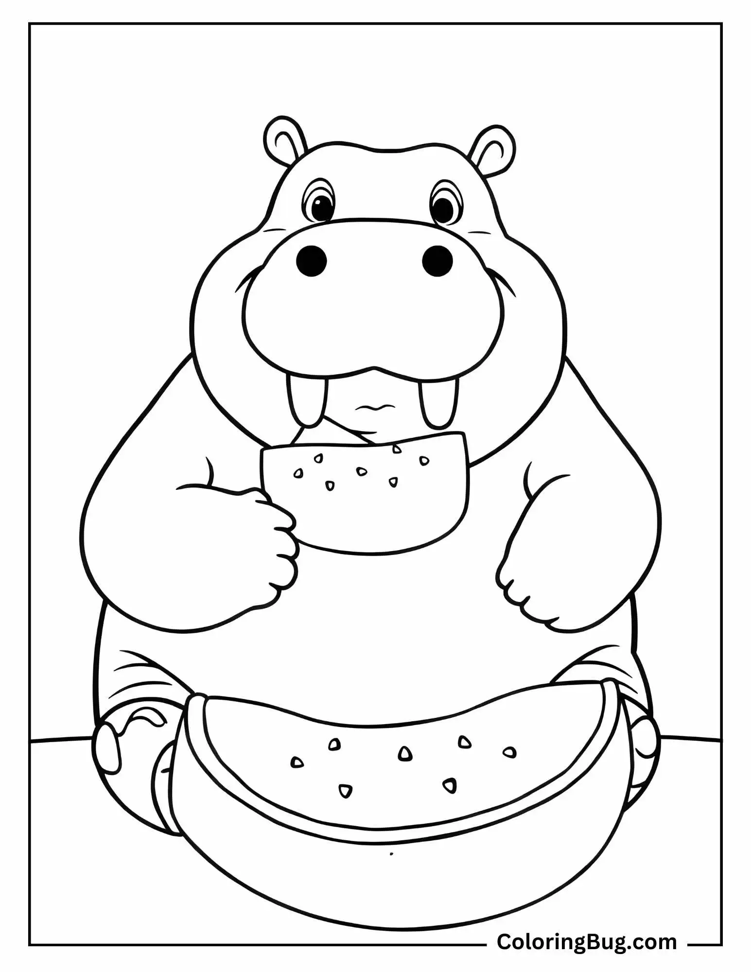Hippo Eating Watermelon Coloring Sheet    