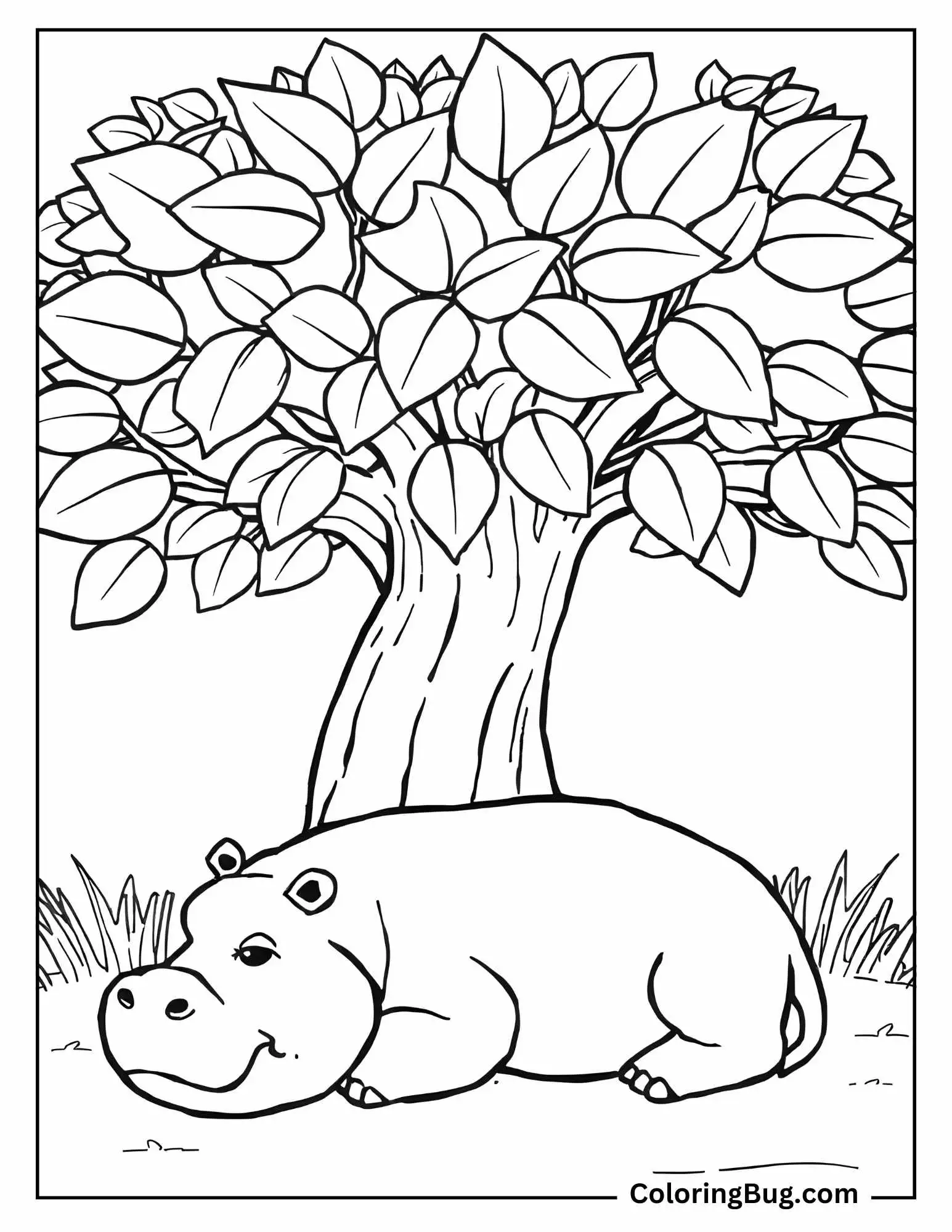 Hippo Taking Nap Under Tree Coloring Sheet