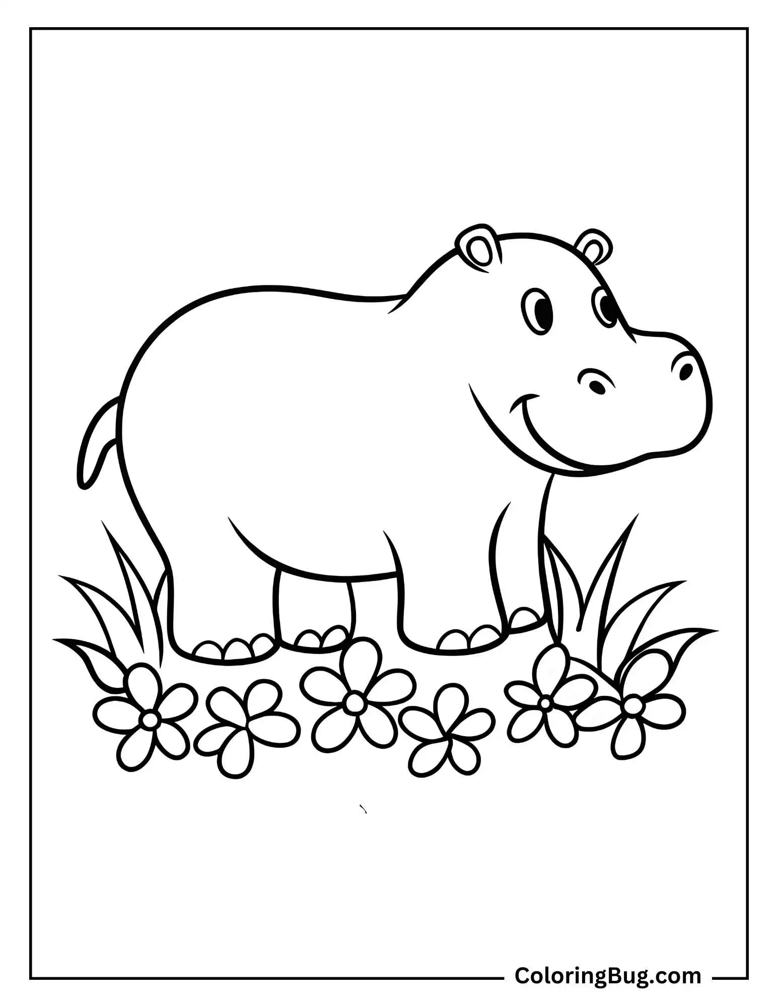 Hippo With Flowers Background Coloring Page