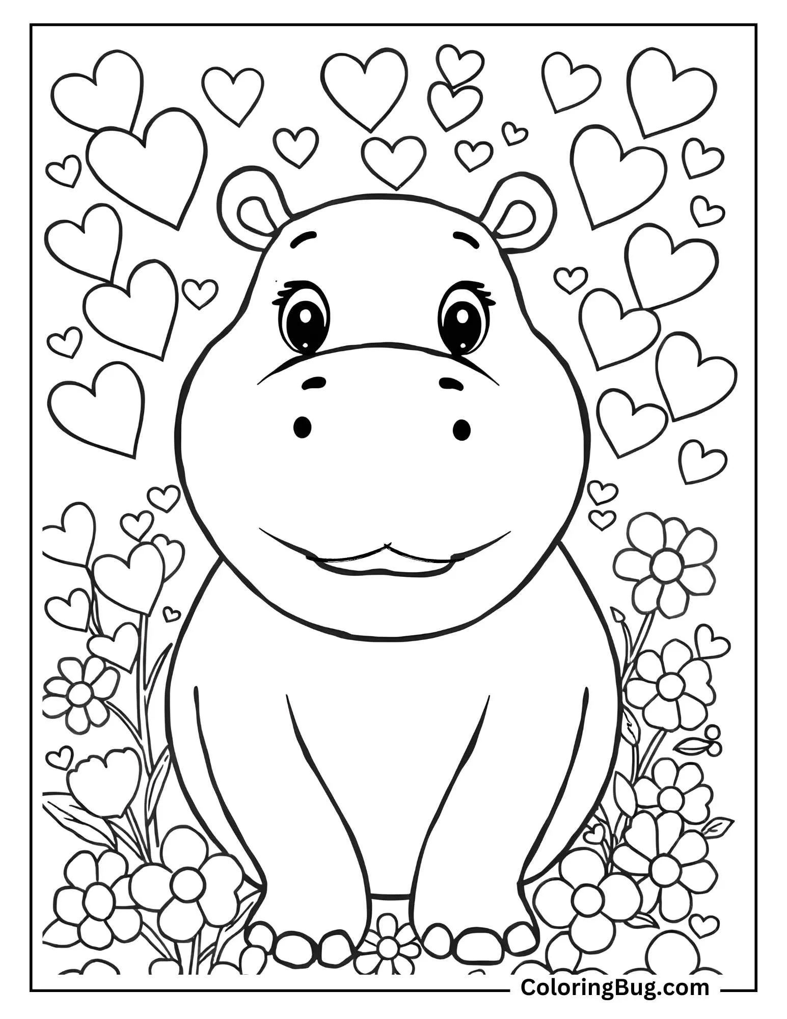 Hippo With Hearts And Flowers Coloring Sheet