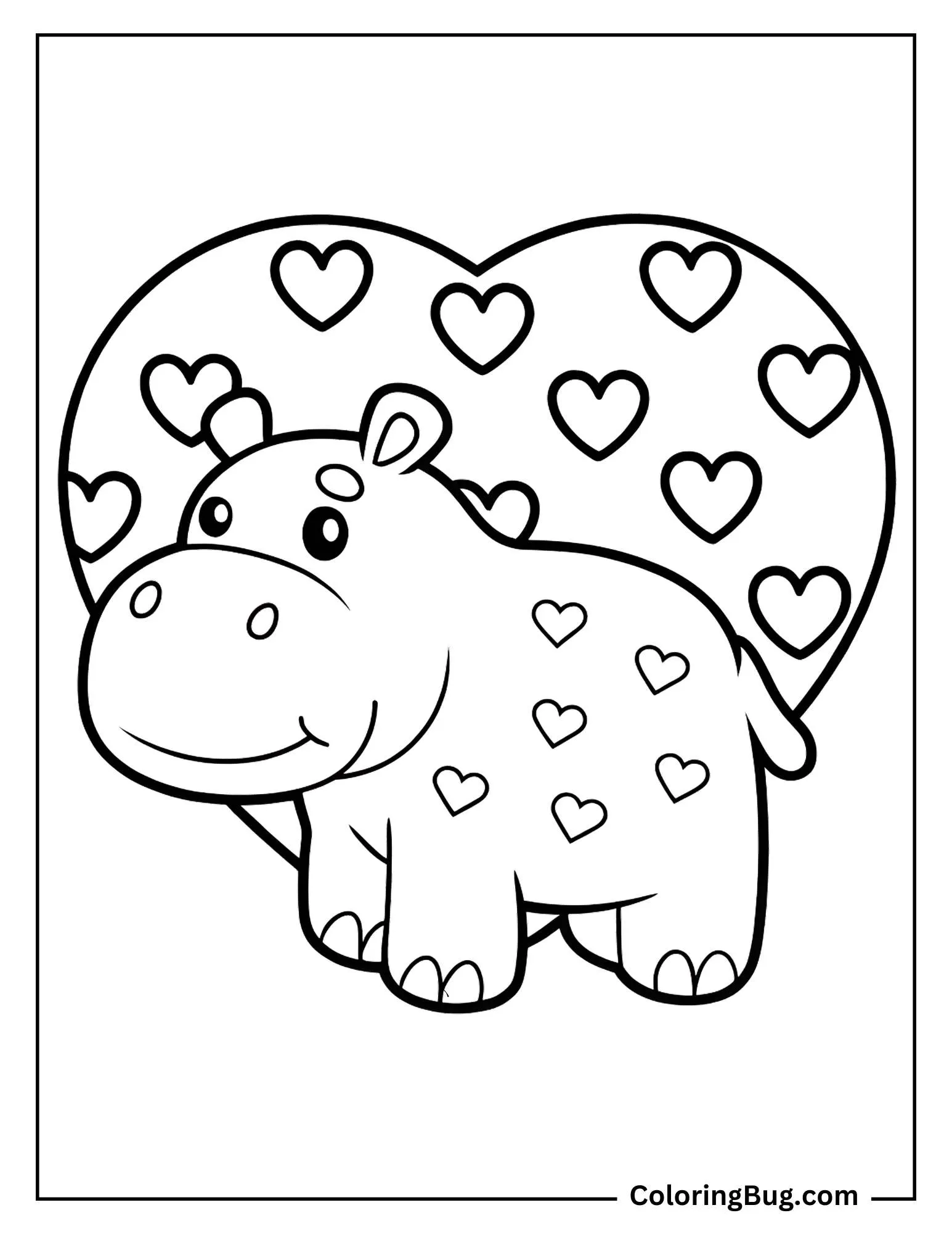 Hippo With Hearts Background Coloring Page