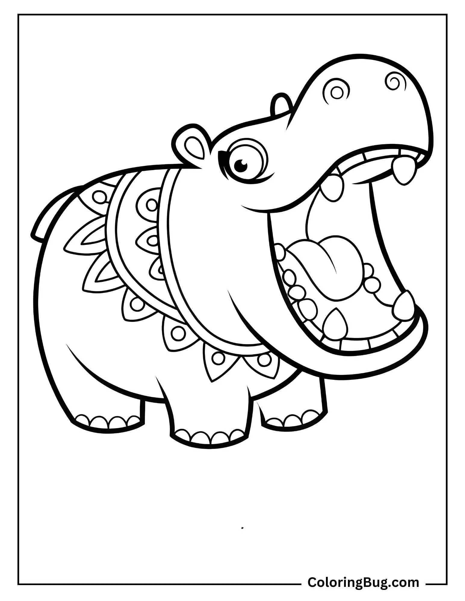 Hippo With Its Mouth Wide Open Showing Teeth Coloring Sheet    