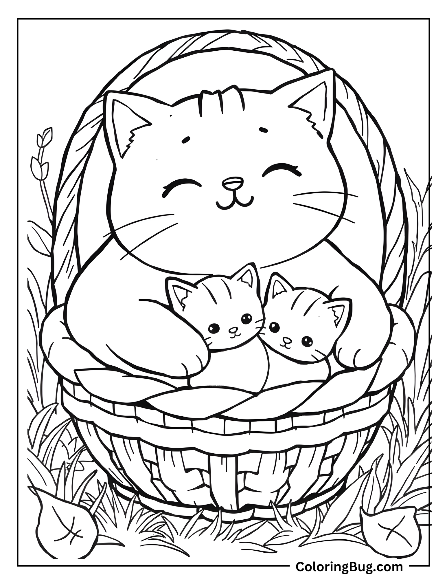 Kawaii Cat Cuddling Kittens In Cozy Basket Coloring Sheet