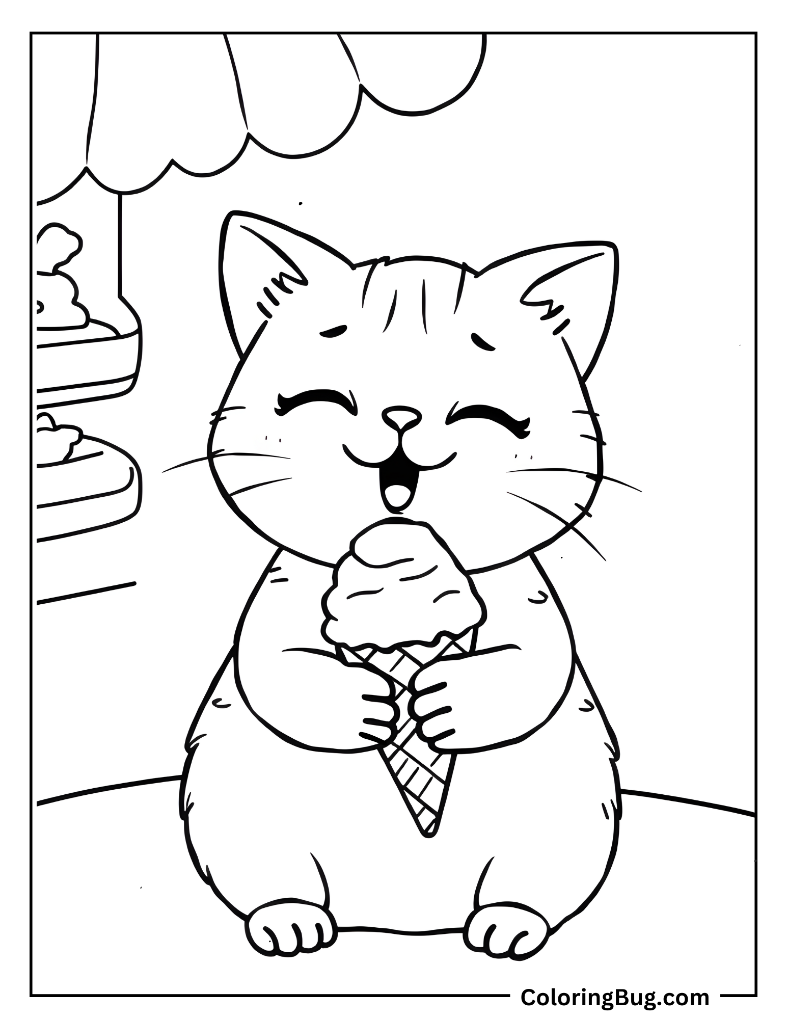 Kawaii Cat Enjoying Ice Cream Coloring Sheet