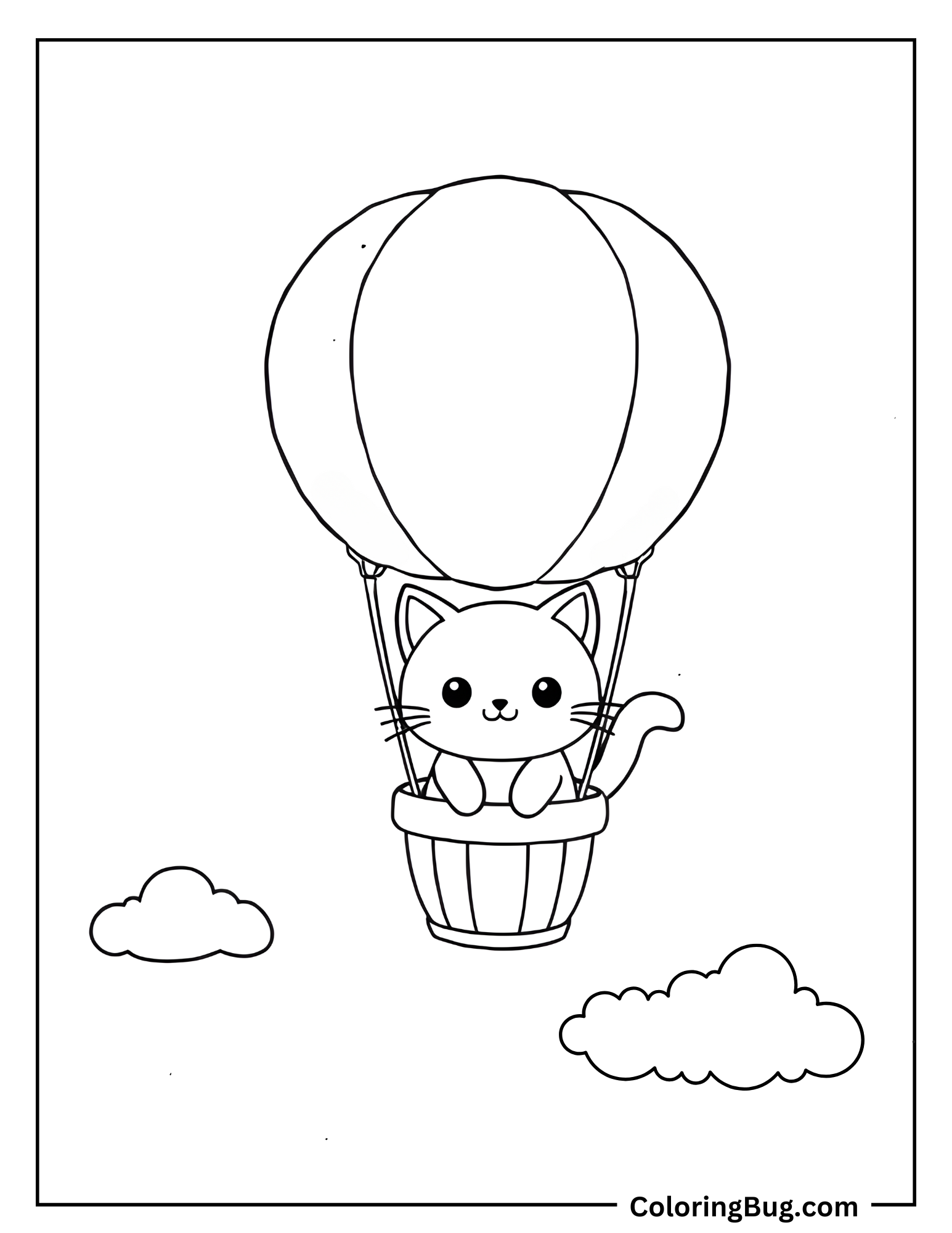 Kawaii Cat Floating In Hot Air Balloon Coloring Sheet