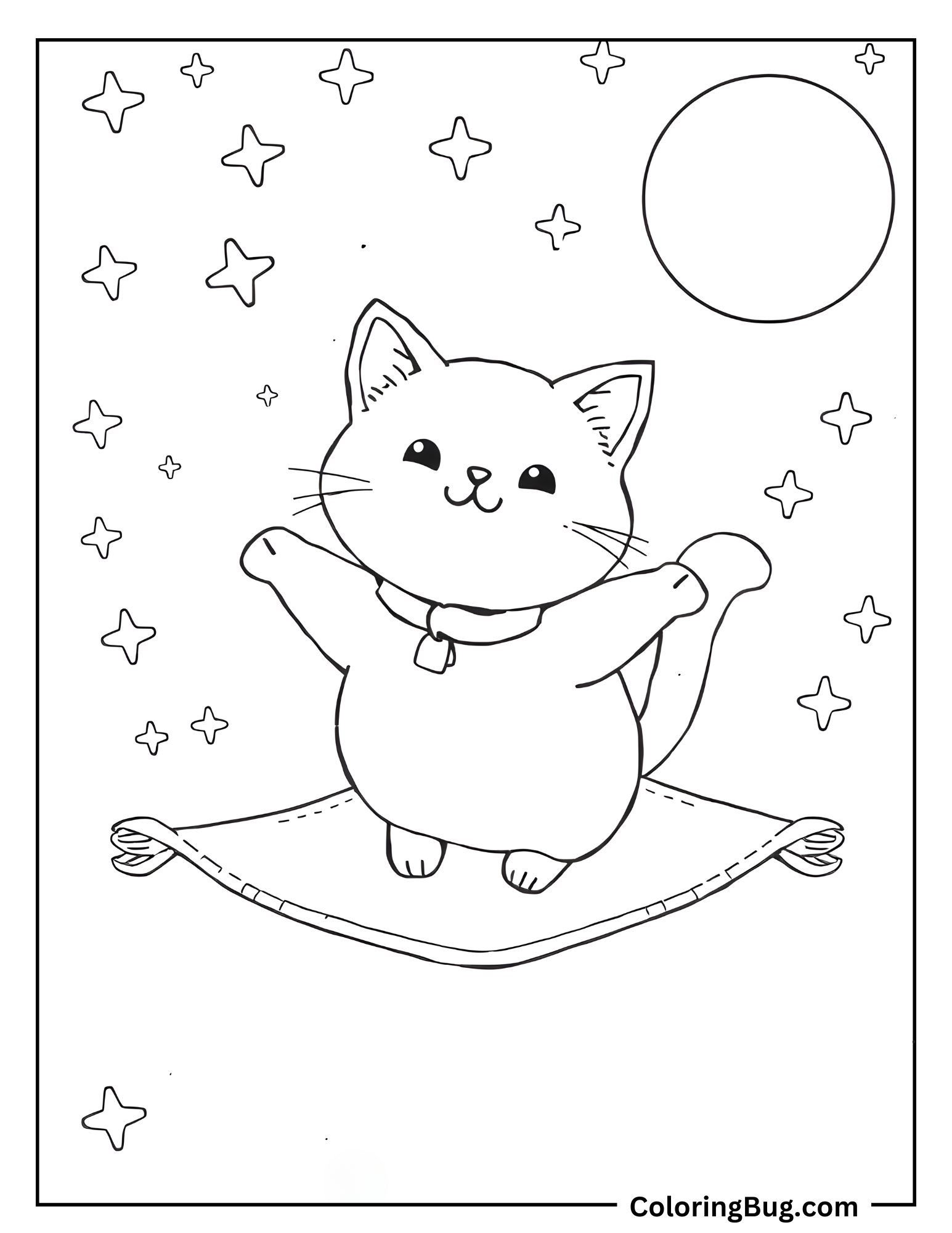Kawaii Cat Flying On Magic Carpet Coloring Sheet