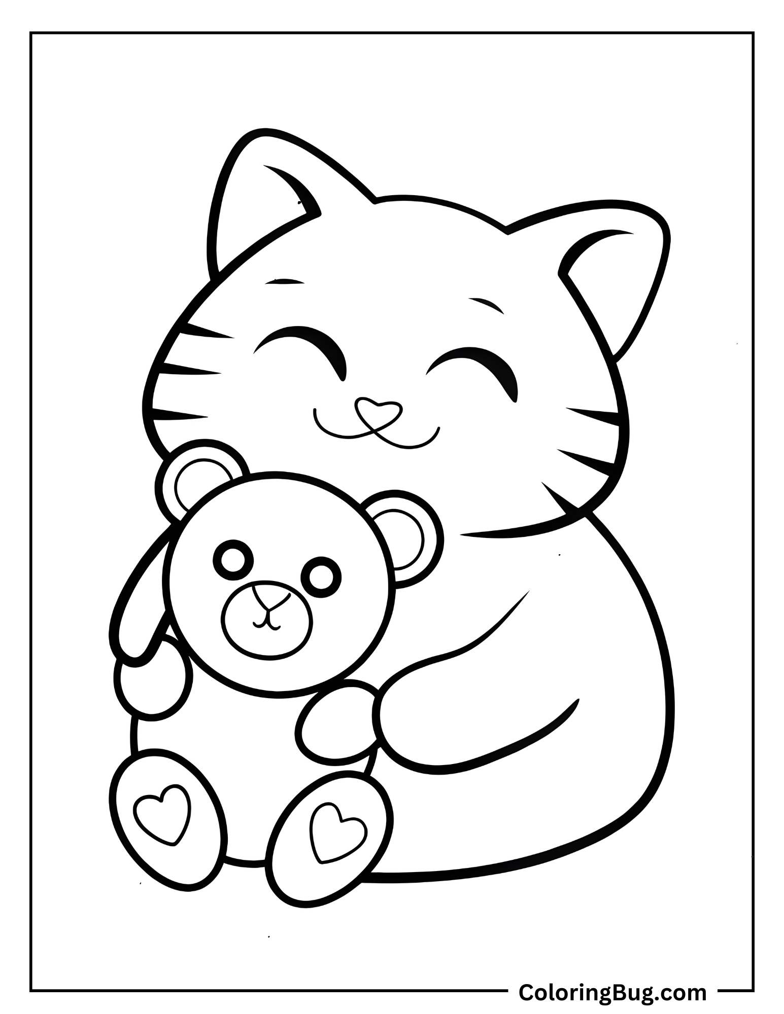 Kawaii Cat Hugging Teddy Bear Coloring Sheet