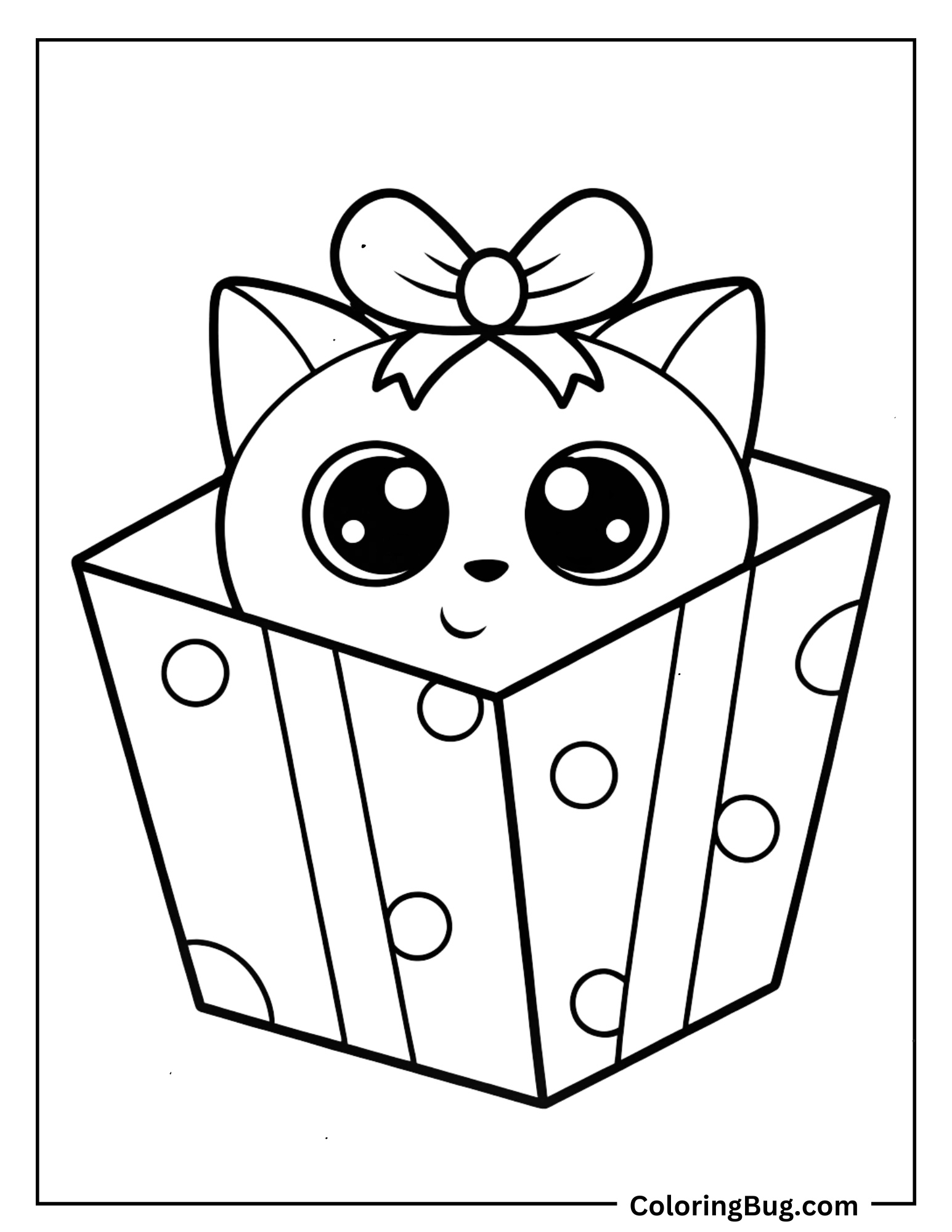 Kawaii Cat Peeking Out From Gift Box Coloring Sheet 